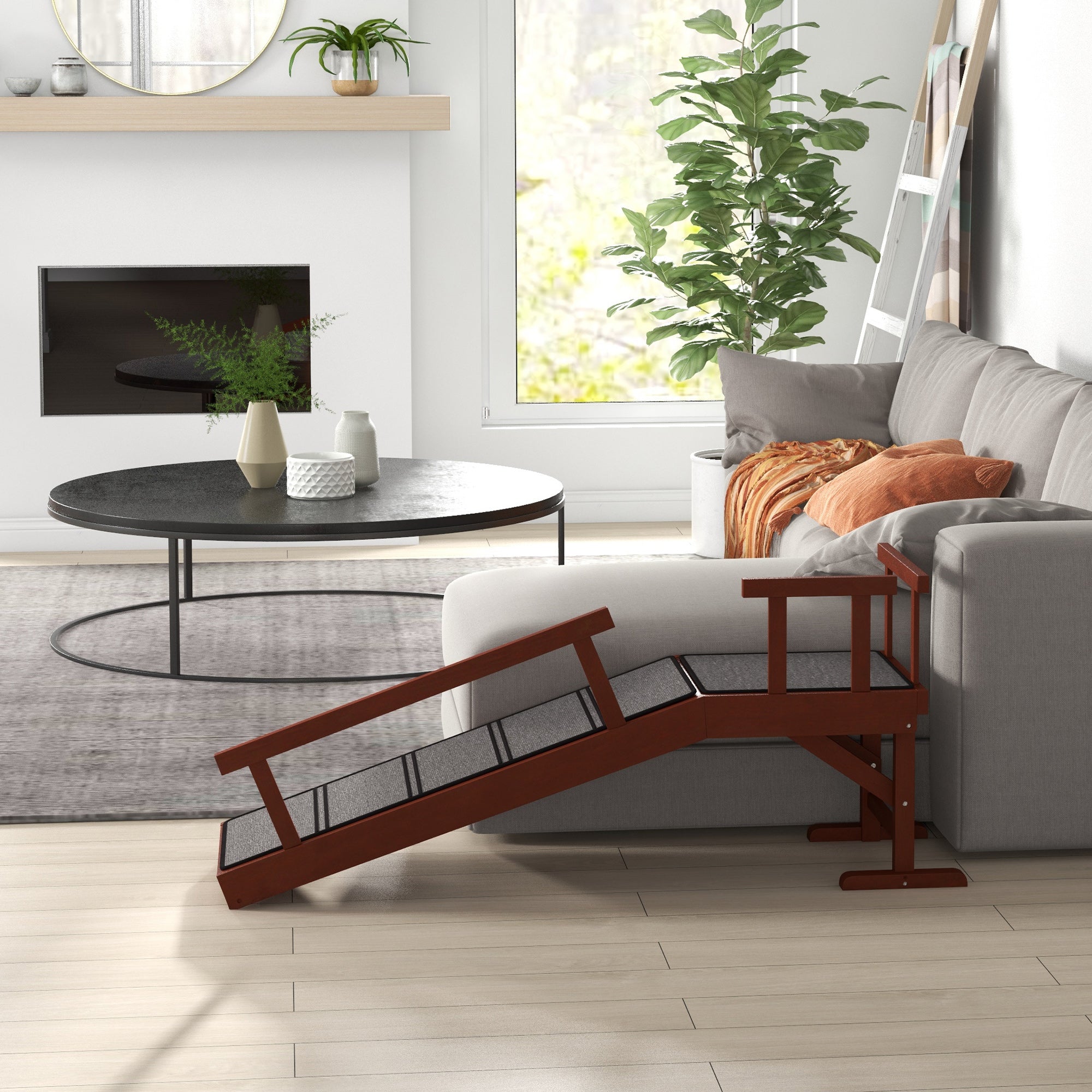 PawHut Dog Ramp, Dog Stairs for Small, Medium & Large Dogs, Pet Ramp for Bed or Couch with Removable Guardrails, Non-Slip Surface, 49" Long, Brown