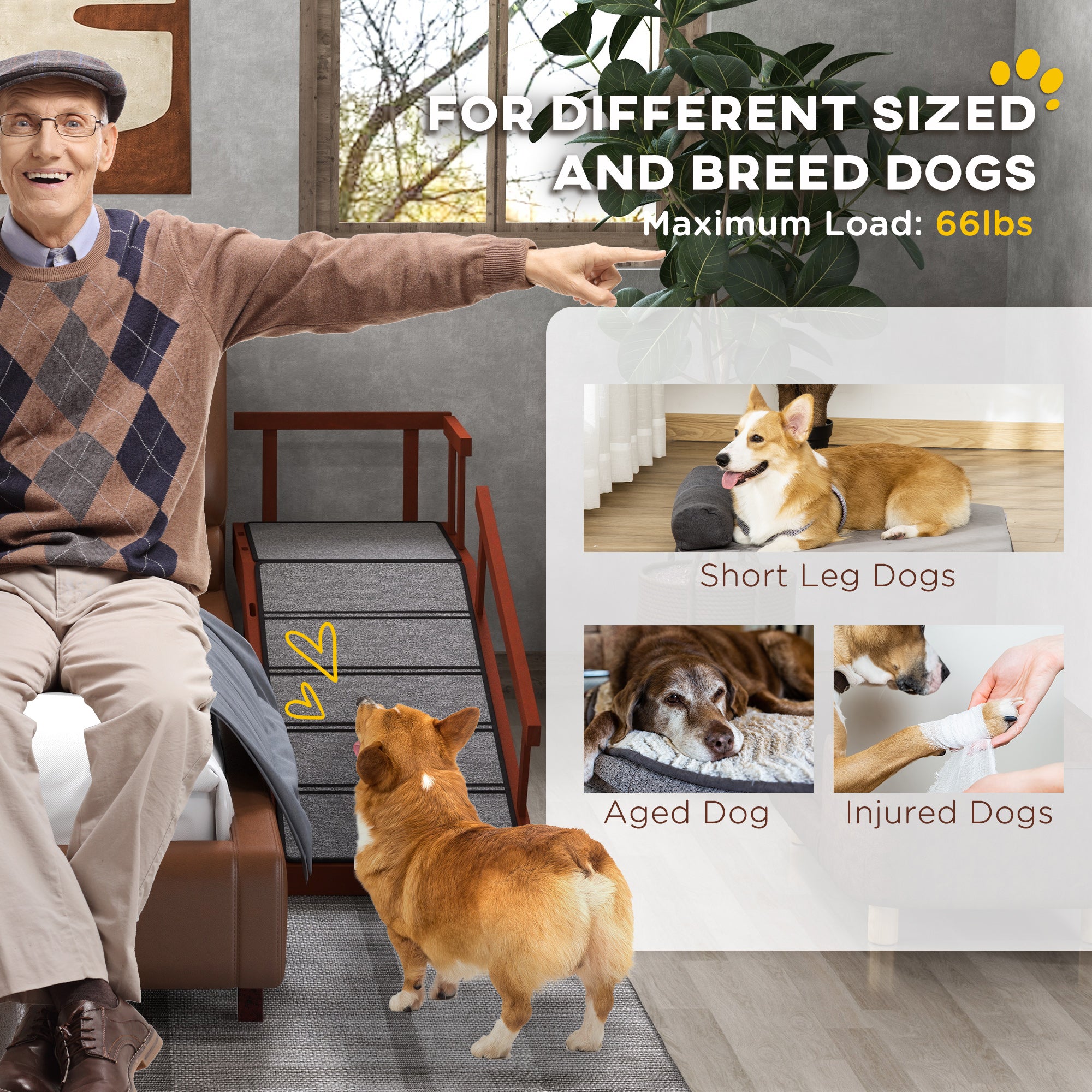 PawHut Dog Ramp, Dog Stairs for Small, Medium & Large Dogs, Pet Ramp for Bed or Couch with Removable Guardrails, Non-Slip Surface, 49" Long, Brown