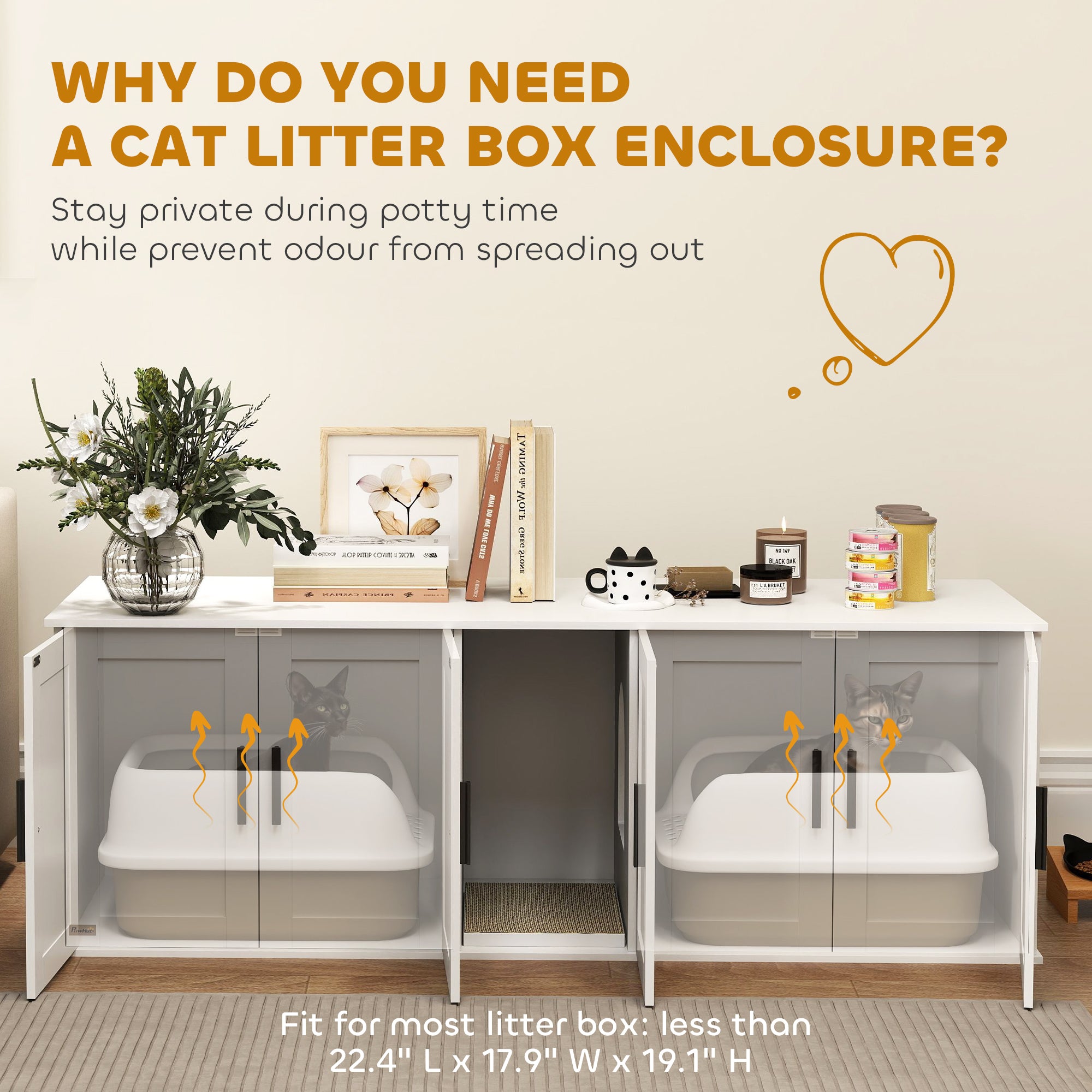 Cat Litter Box Enclosure for 2 Cats, Hidden Litter Box Furniture with Double Room, Scratching Mat, Kitty Washroom Furniture, 57" x 19" x 20", White