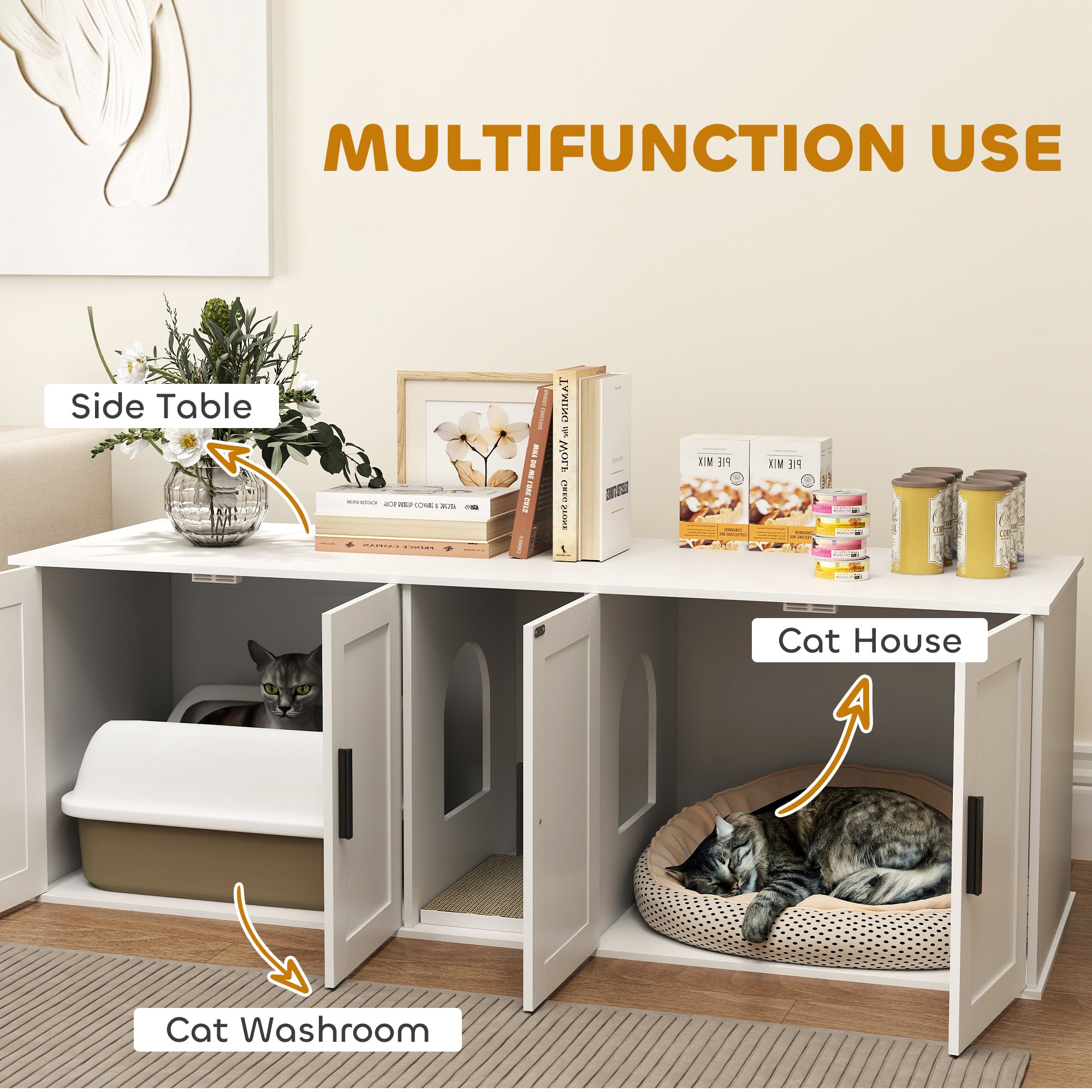 Cat Litter Box Enclosure for 2 Cats, Hidden Litter Box Furniture with Double Room, Scratching Mat, Kitty Washroom Furniture, 57" x 19" x 20", White