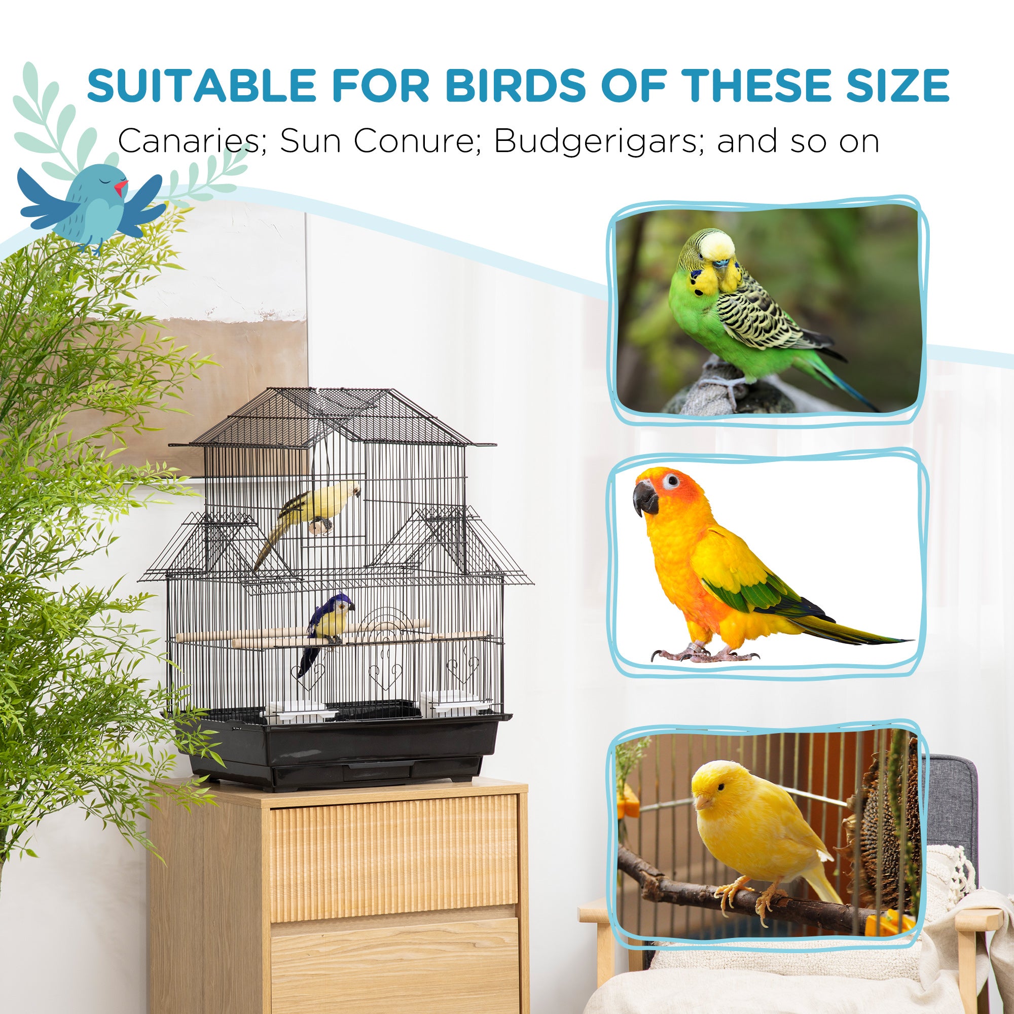 25" Bird Cage for Finches, Canaries, Budgies, Indoor Parrot Cage with Perch, Swing, Food Container, Slide-out Tray, Handle, Black