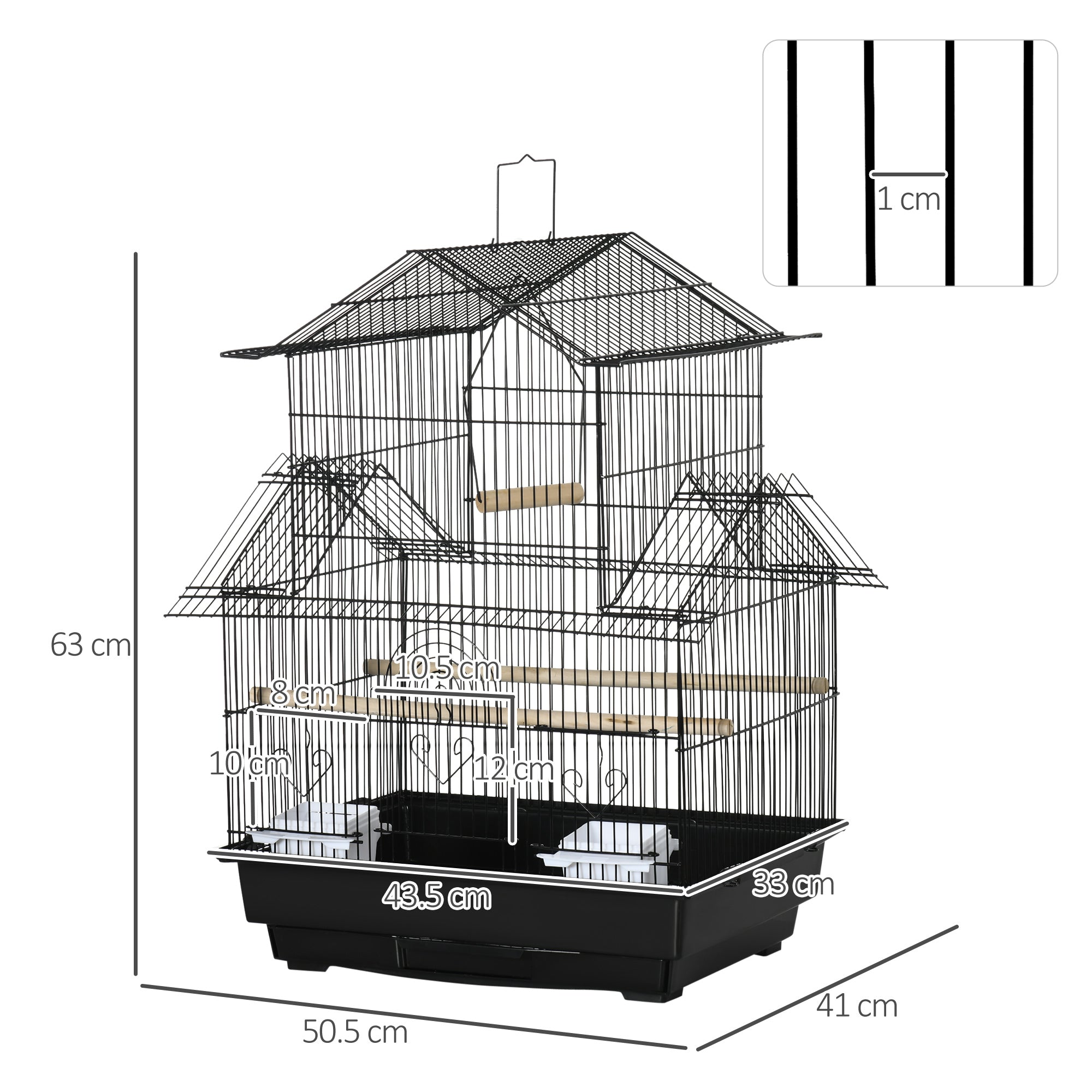 Metal Bird Cage with Plastic Swing Perch Food Container Tray Handle for Finch Canary Budgie 43.5 x 33 x 63 cm, Black