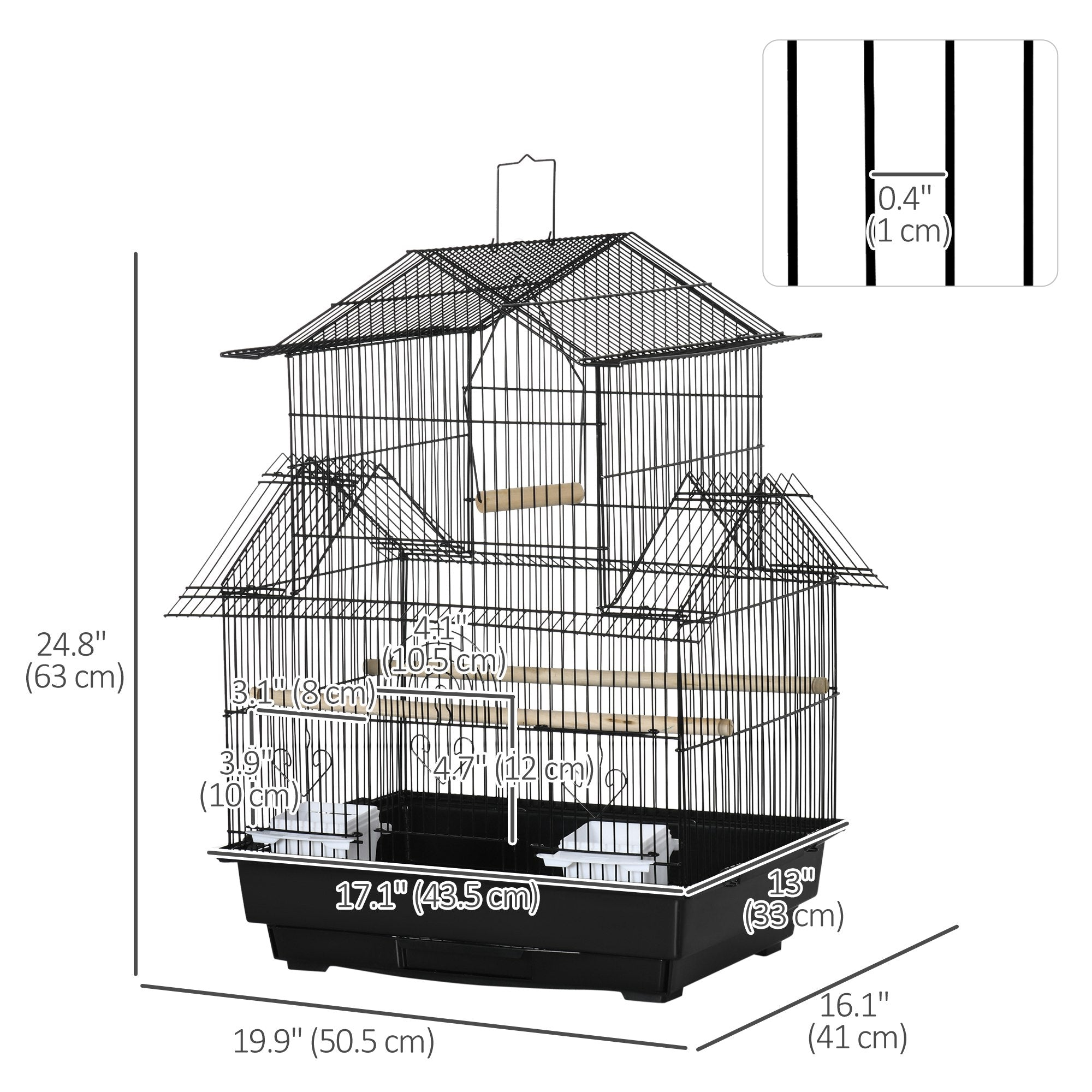 25" Bird Cage for Finches, Canaries, Budgies, Indoor Parrot Cage with Perch, Swing, Food Container, Slide-out Tray, Handle, Black