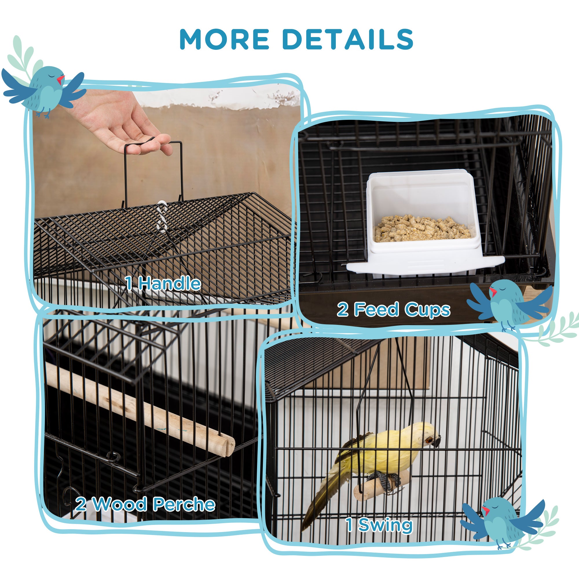 25" Bird Cage for Finches, Canaries, Budgies, Indoor Parrot Cage with Perch, Swing, Food Container, Slide-out Tray, Handle, Black