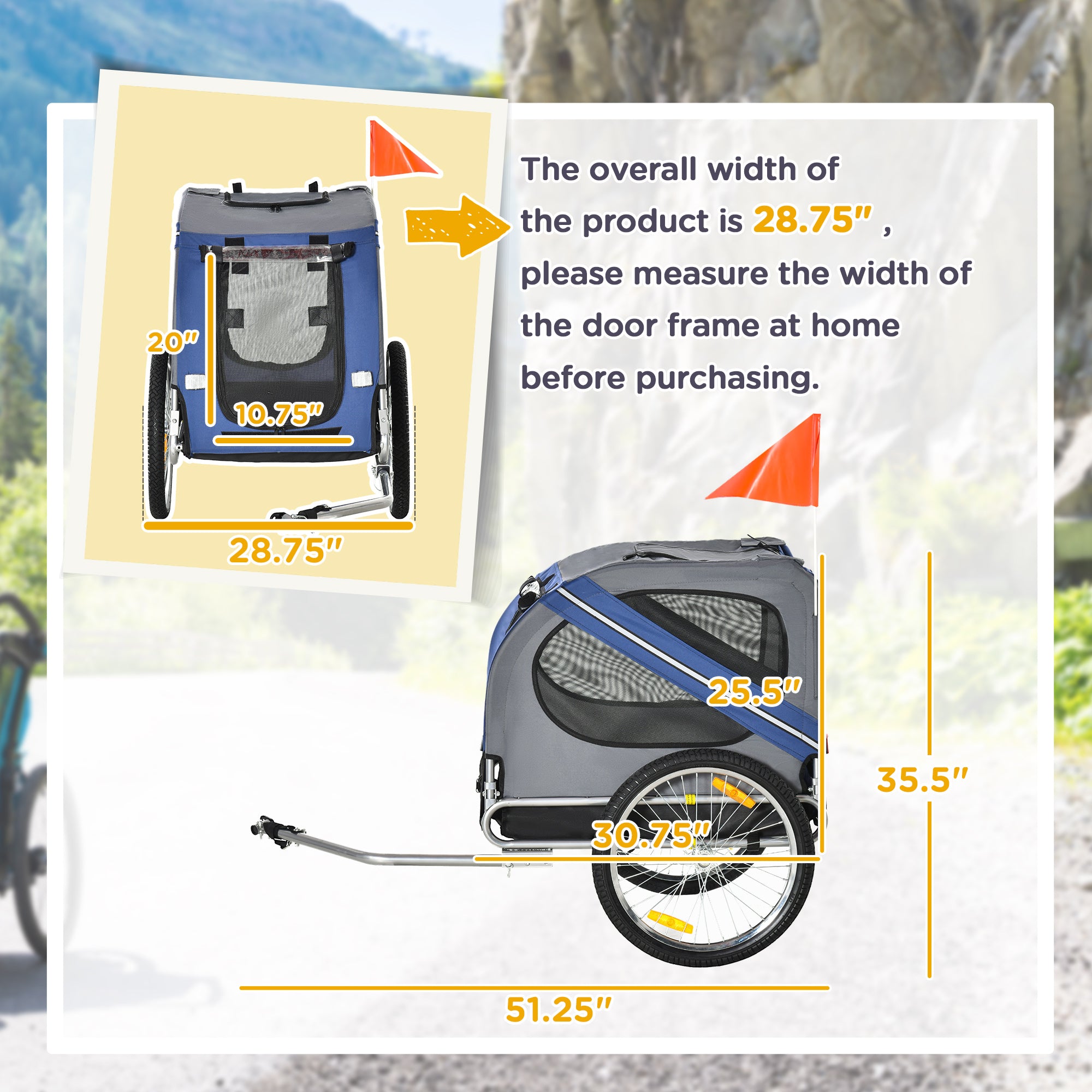 Aosom Dog Bike Trailer, Pet Wagon Bicycle Trailer with Easy Folding Cart Frame, 20" Large Rubber Wheels, 3 Entrances, Mesh Screen, Pet Bike Trailer for Off-Road & Travel, Blue and Grey