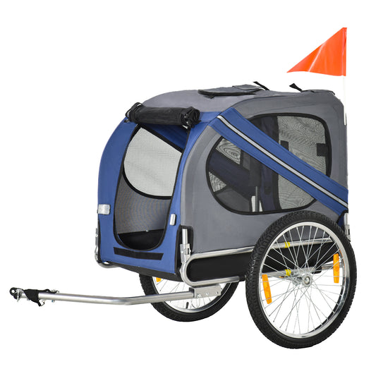Aosom Dog Bike Trailer, Pet Wagon Bicycle Trailer with Easy Folding Cart Frame, 20" Large Rubber Wheels, 3 Entrances, Mesh Screen, Pet Bike Trailer for Off-Road & Travel, Blue and Grey