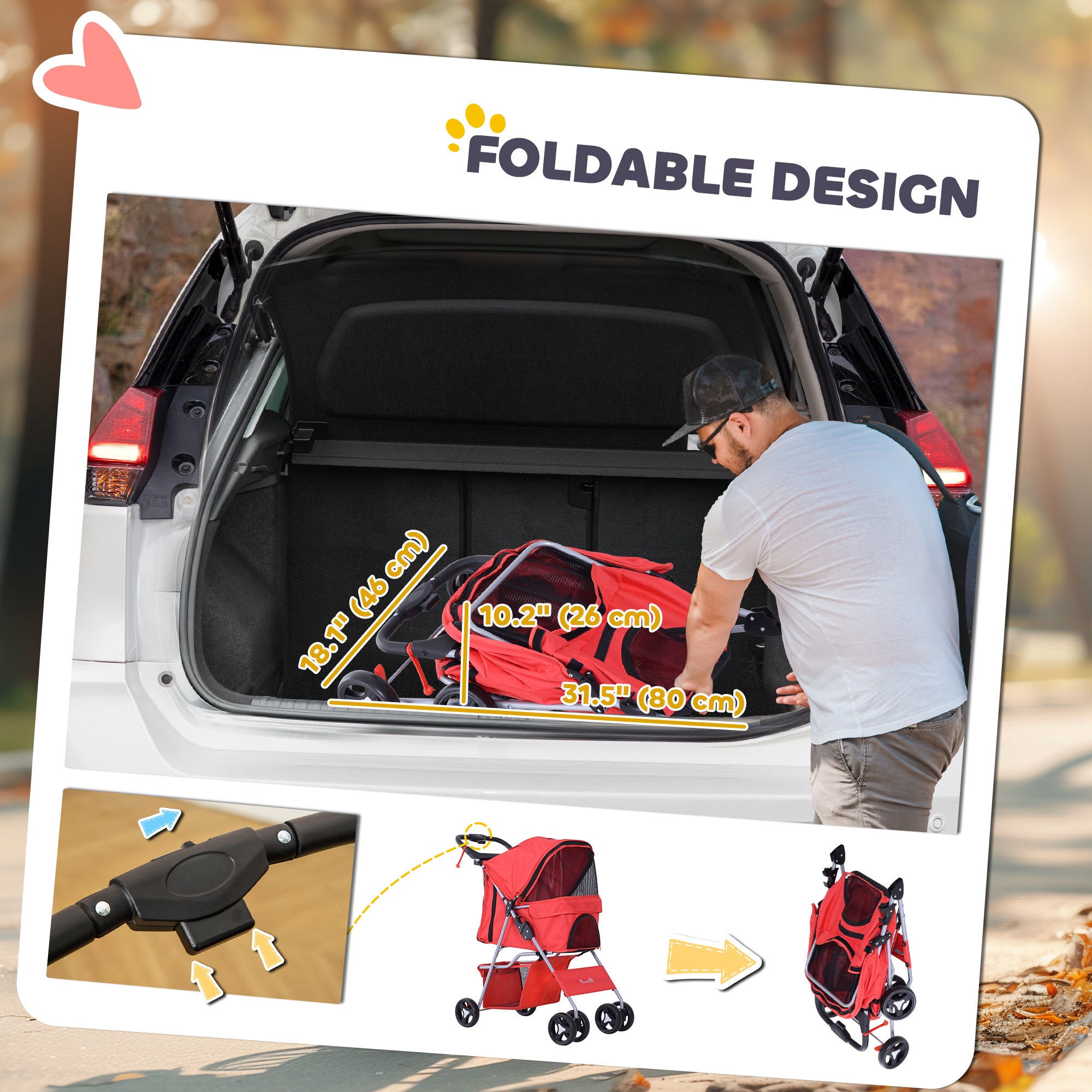 Dog Stroller, One-click Folding Pet Stroller with Cup Holder, 4 Wheels Travel Carrier w/ Brakes, 360° Swiveling Front Wheels, Storage Basket, for XS/Small Dogs Cats, Red