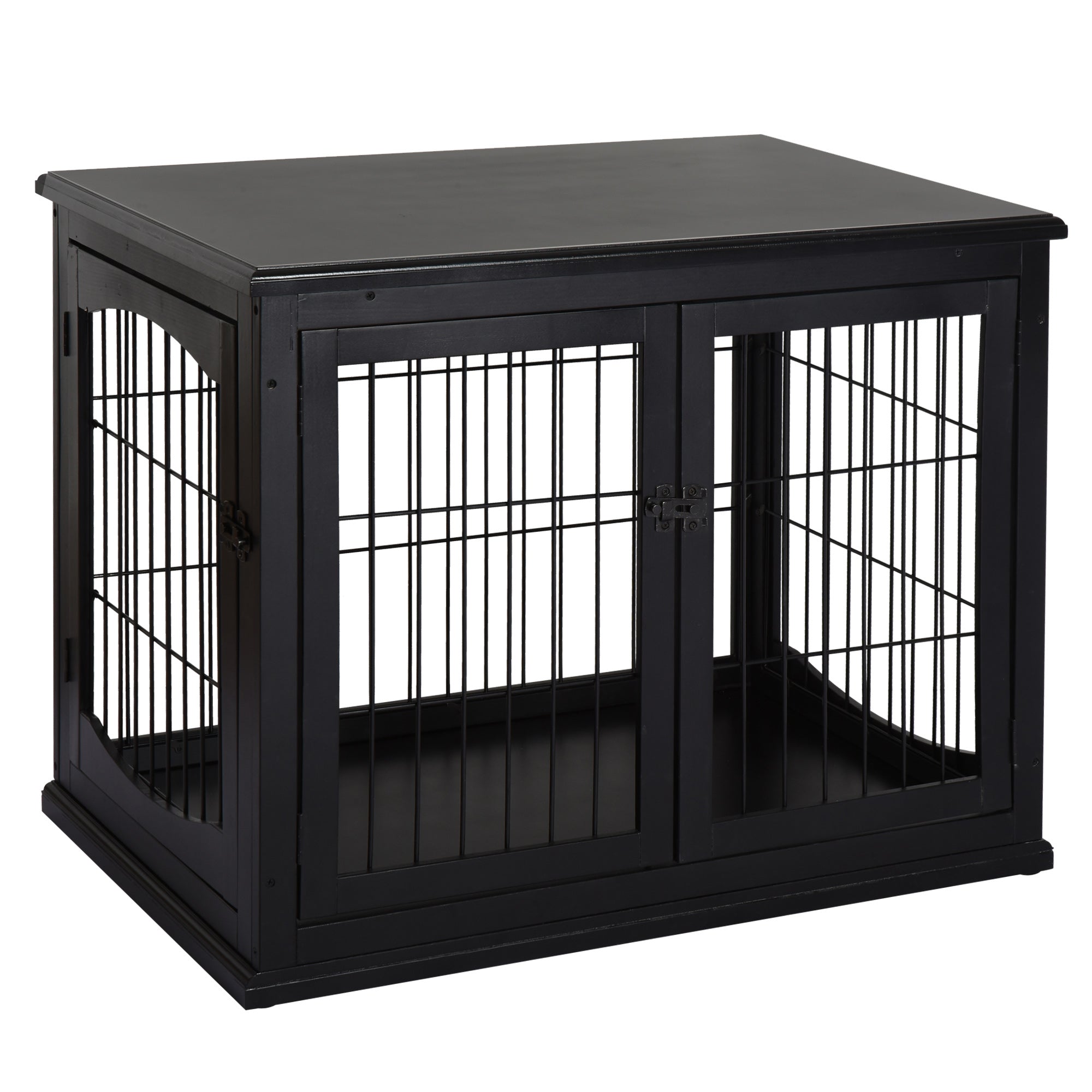 32" Wooden Dog Crate Furniture Dog Cage, Modern Side Table Pet Kennel with Double Lockable Door, 32" L x 23" W x 26" H, Black
