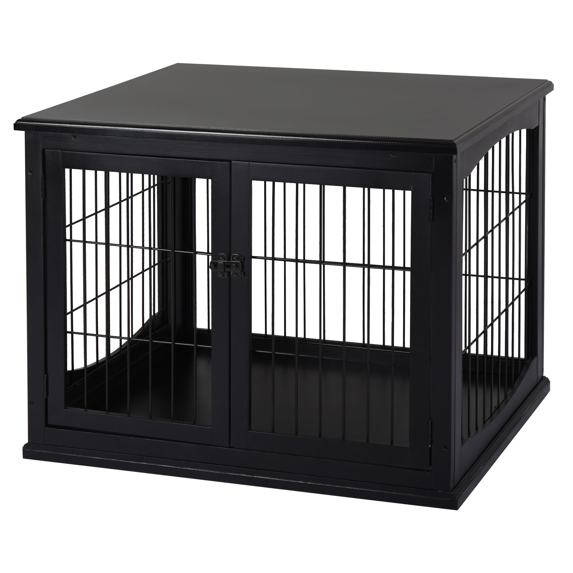 32" Wooden Dog Crate Furniture Dog Cage, Modern Side Table Pet Kennel with Double Lockable Door, 32" L x 23" W x 26" H, Black
