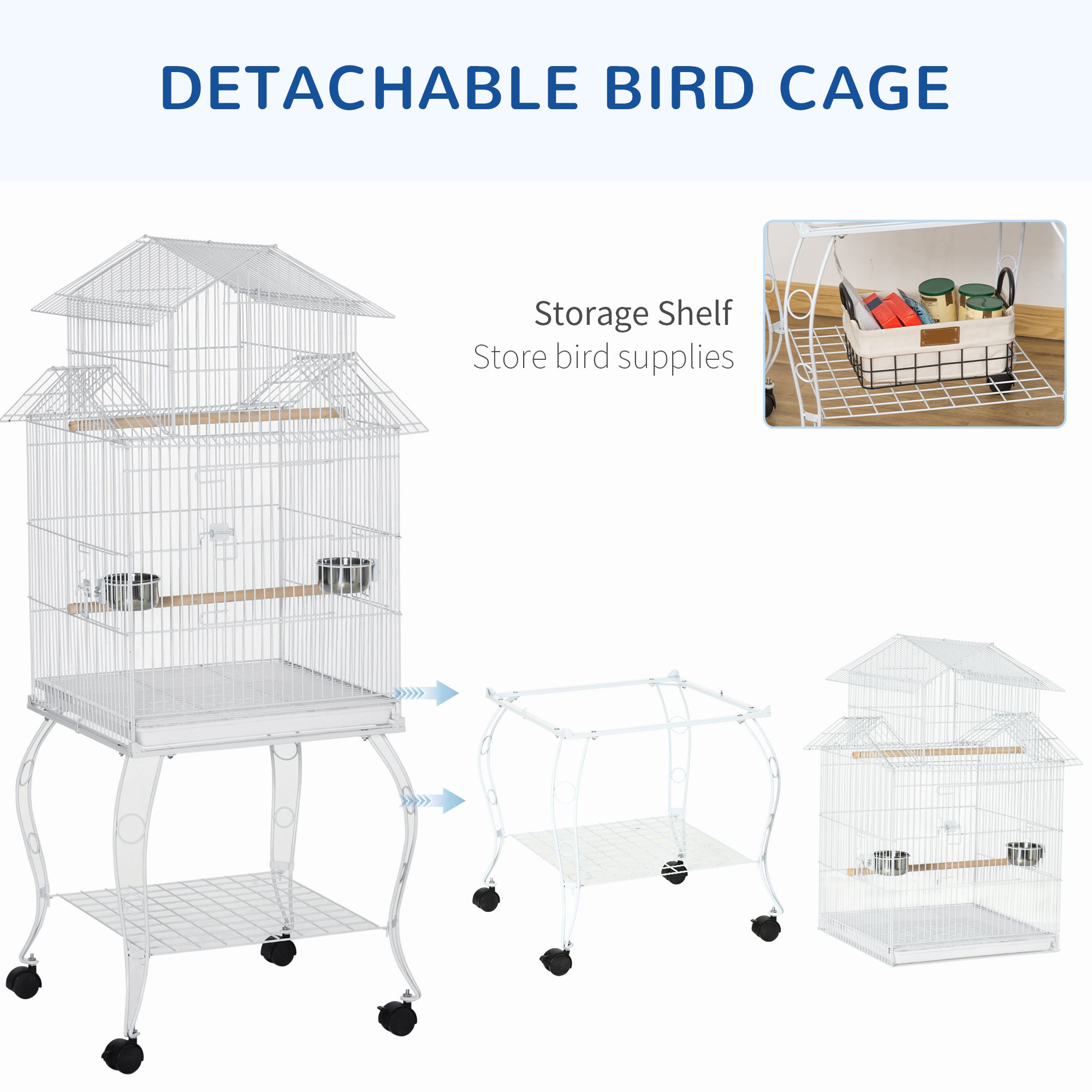 53.9'' Large Rolling Steel Bird Cage Bird House with Detachable Rolling Stand, Storage Shelf, Wood Perch, Food Container, White