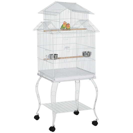 53.9'' Large Rolling Steel Bird Cage Bird House with Detachable Rolling Stand, Storage Shelf, Wood Perch, Food Container, White