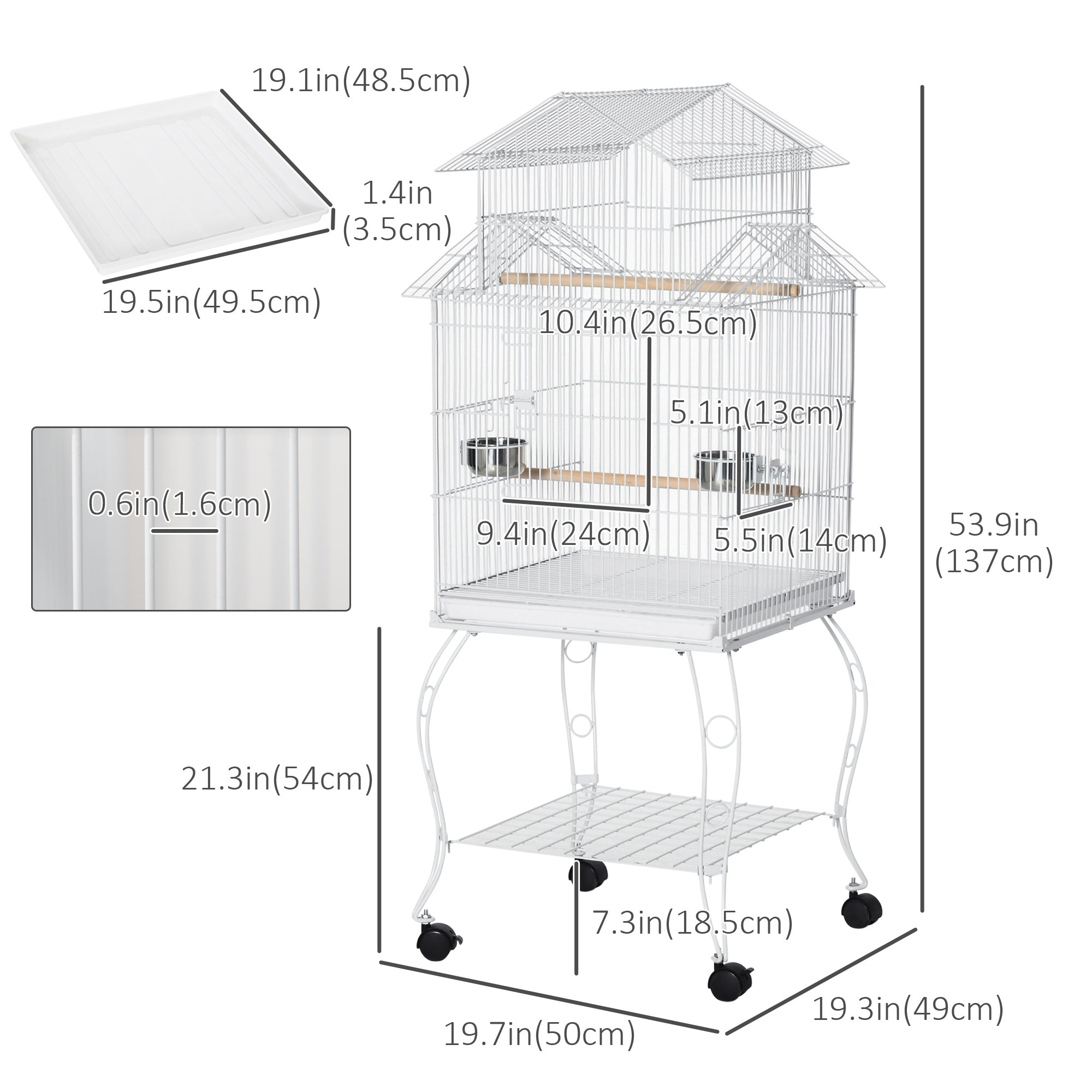 53.9'' Large Rolling Steel Bird Cage Bird House with Detachable Rolling Stand, Storage Shelf, Wood Perch, Food Container, White