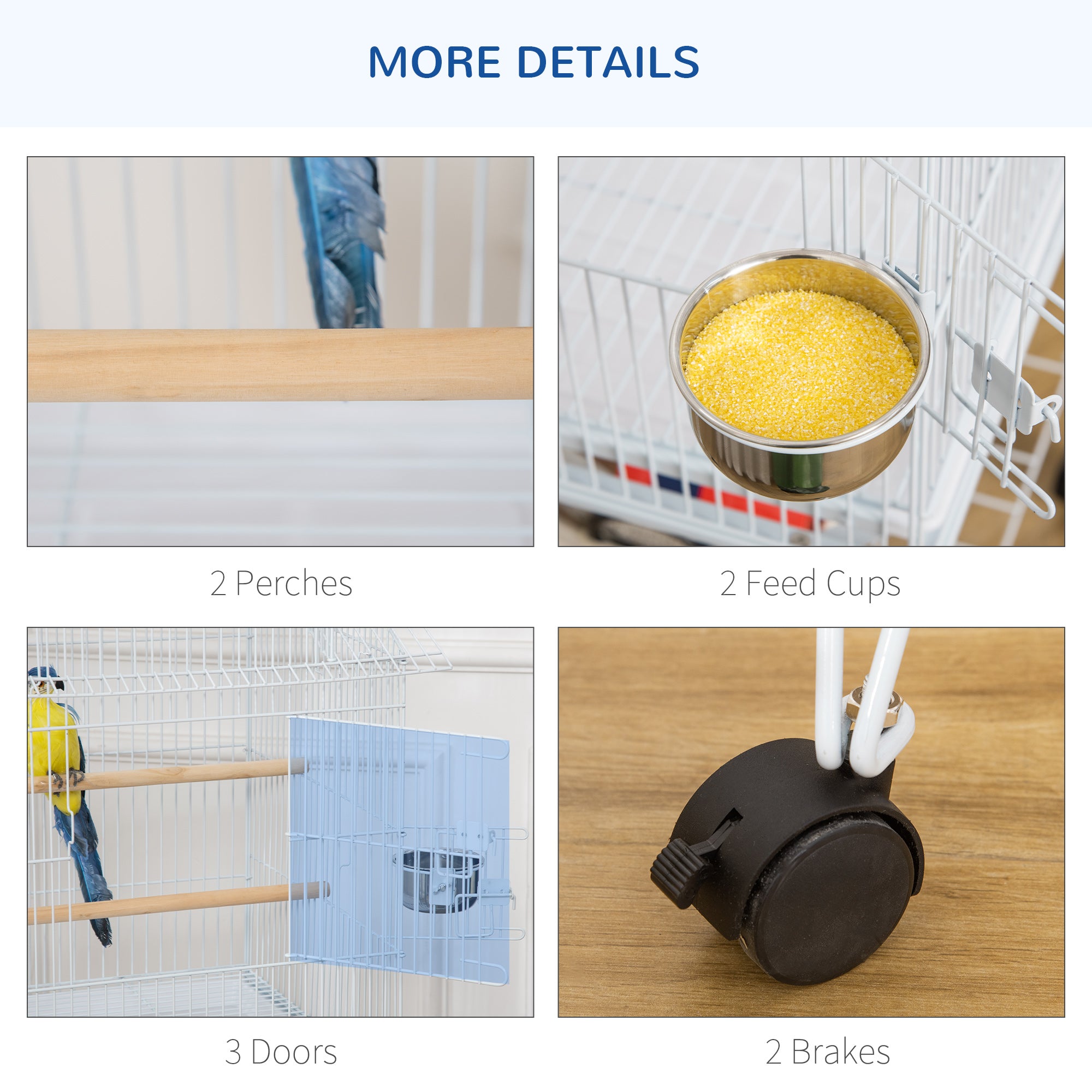 53.9'' Large Rolling Steel Bird Cage Bird House with Detachable Rolling Stand, Storage Shelf, Wood Perch, Food Container, White