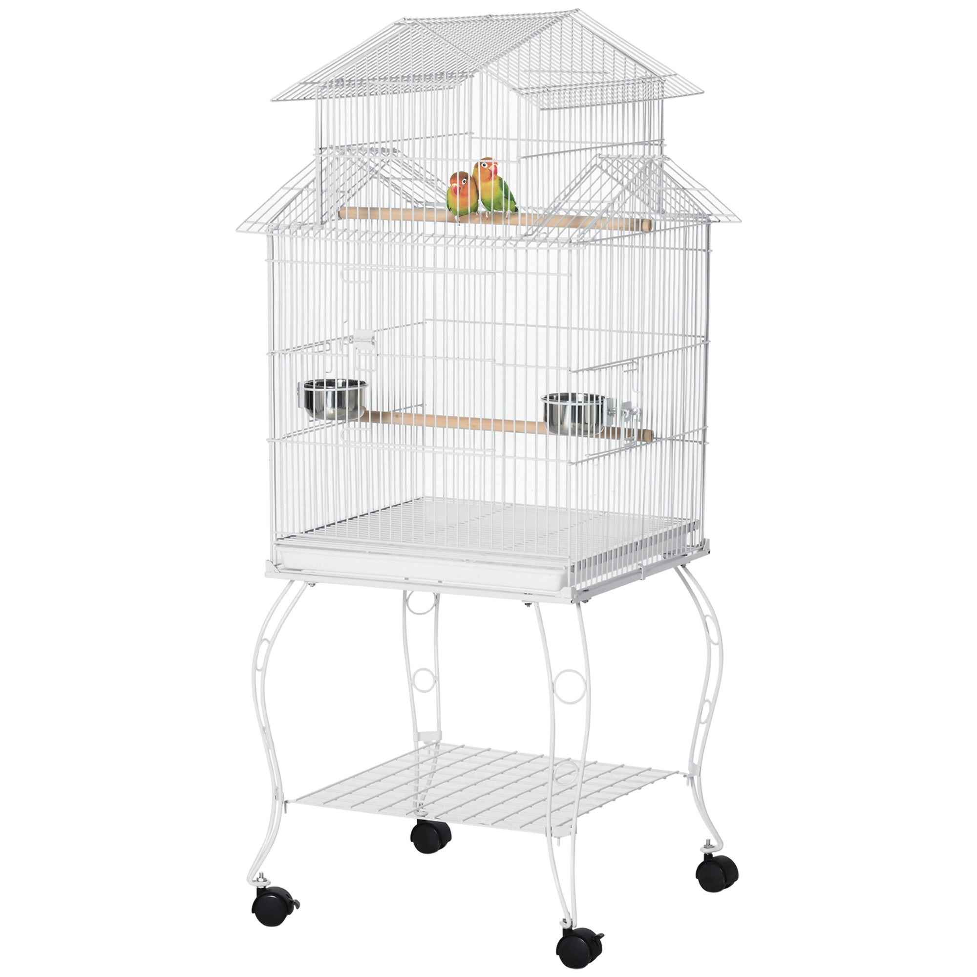 53.9'' Large Rolling Steel Bird Cage Bird House with Detachable Rolling Stand, Storage Shelf, Wood Perch, Food Container, White