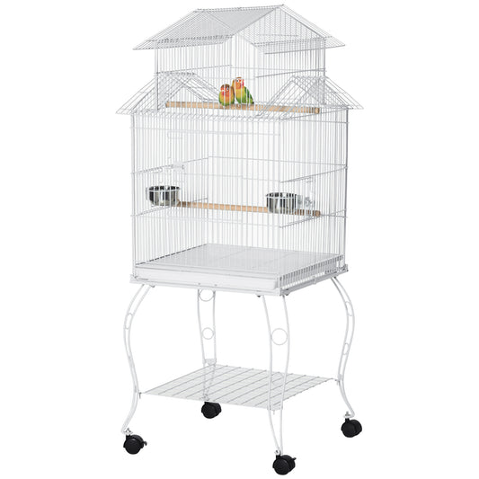 53.9'' Large Rolling Steel Bird Cage Bird House with Detachable Rolling Stand, Storage Shelf, Wood Perch, Food Container, White