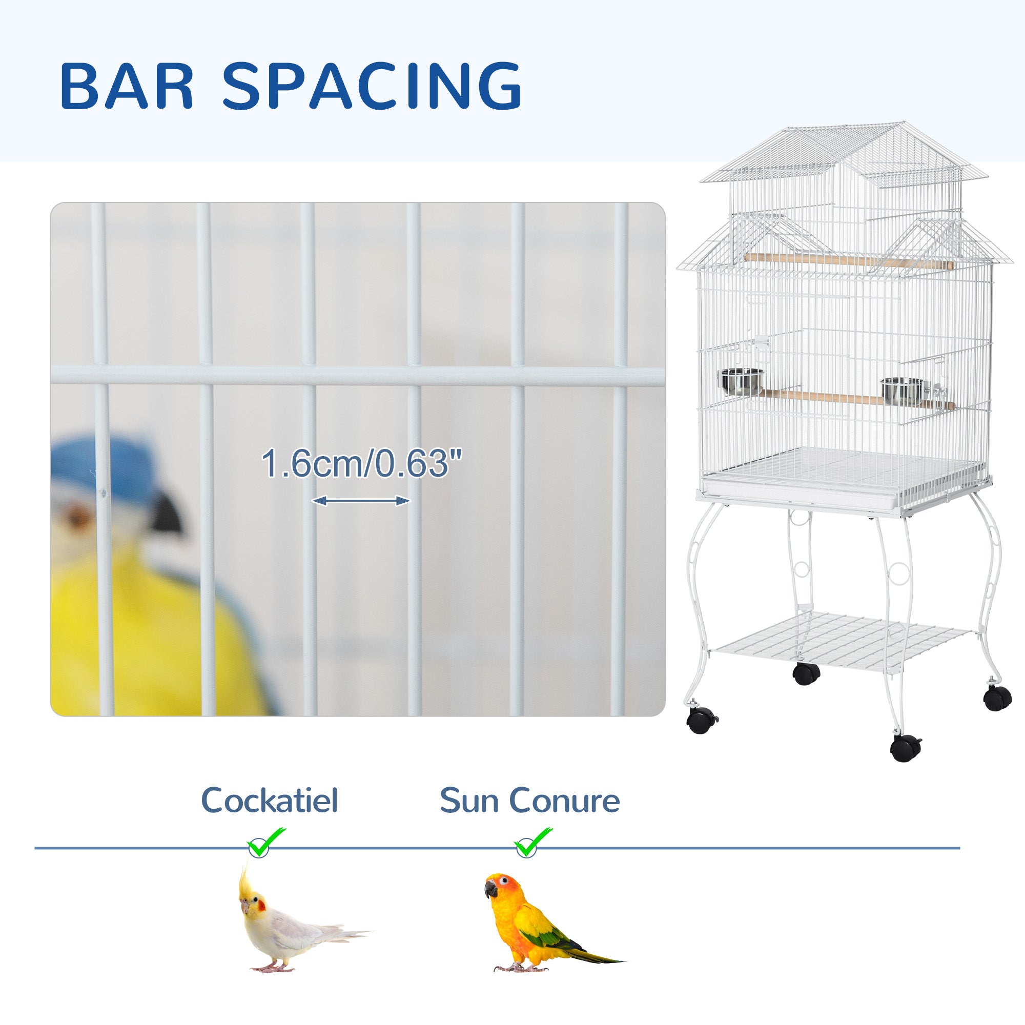 53.9'' Large Rolling Steel Bird Cage Bird House with Detachable Rolling Stand, Storage Shelf, Wood Perch, Food Container, White