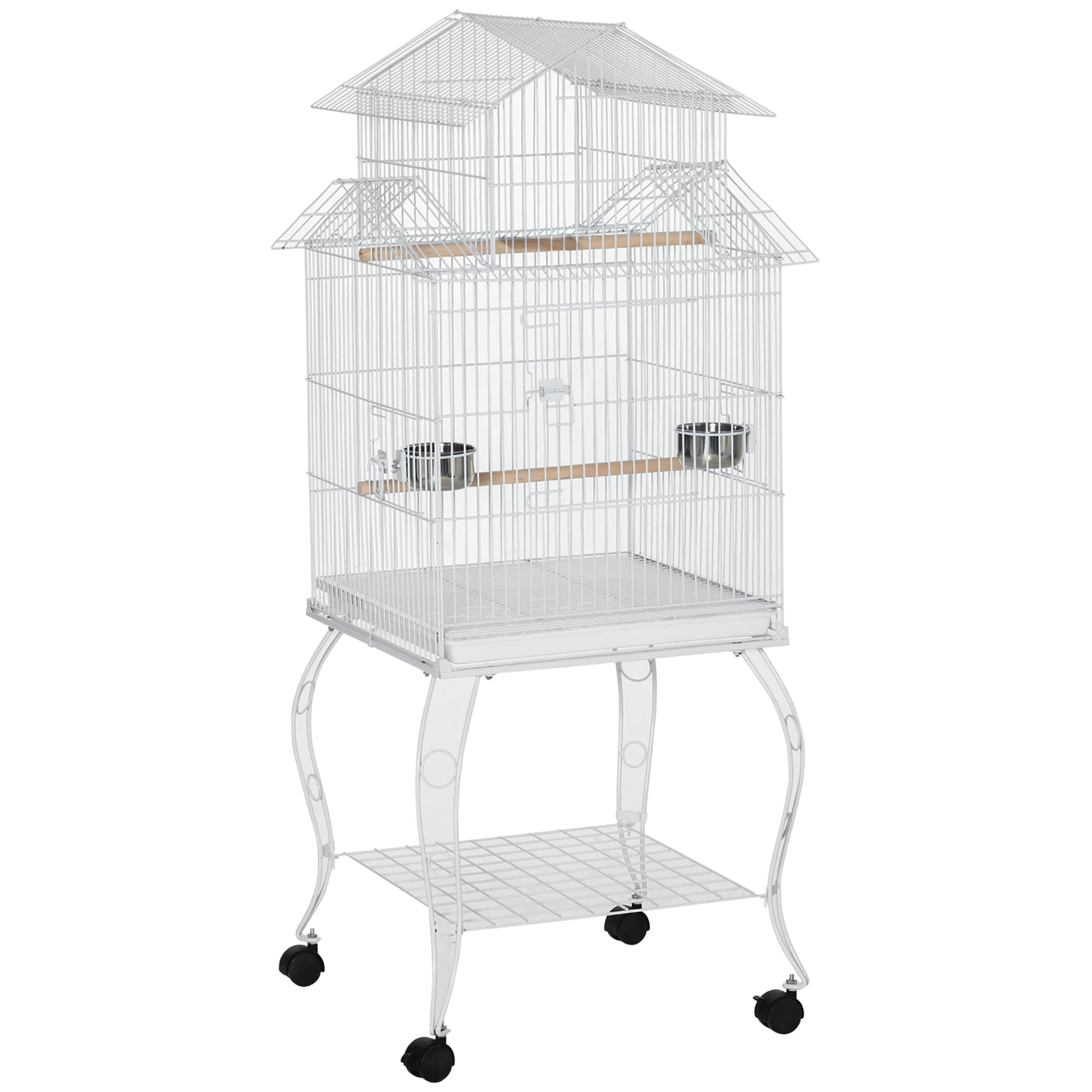 53.9'' Large Rolling Steel Bird Cage Bird House with Detachable Rolling Stand, Storage Shelf, Wood Perch, Food Container, White
