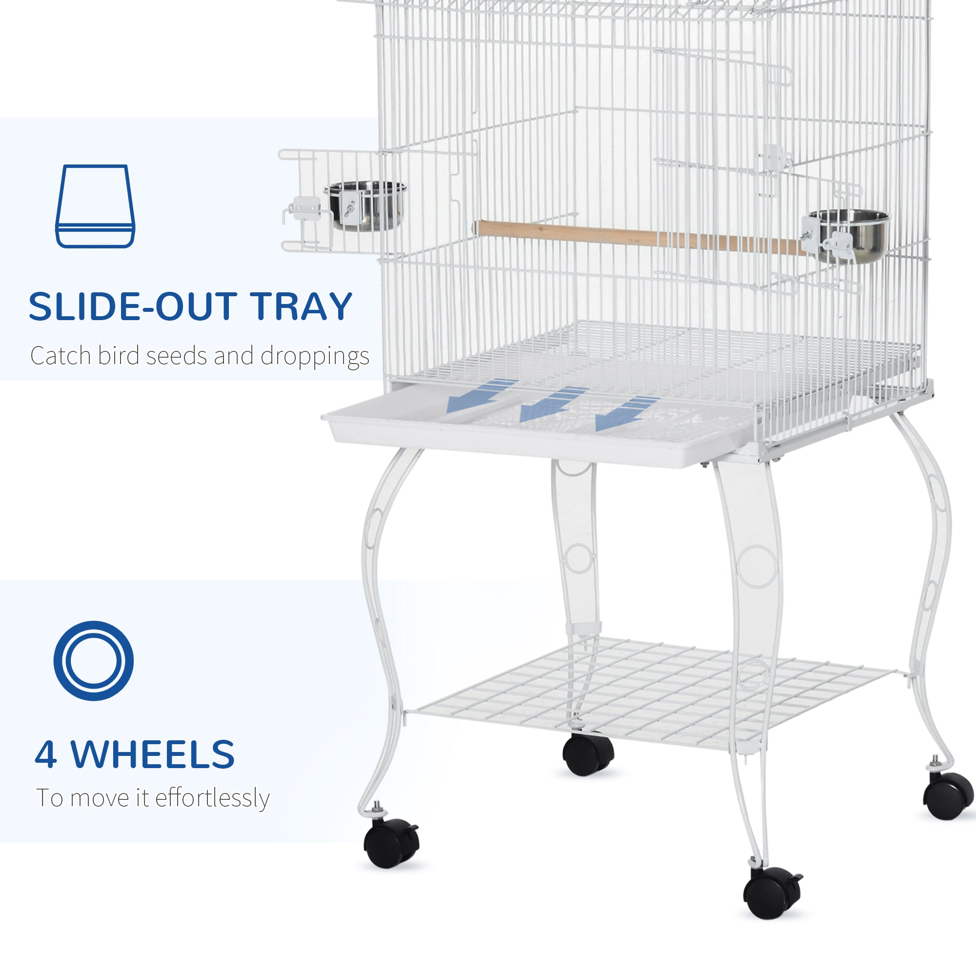 53.9'' Large Rolling Steel Bird Cage Bird House with Detachable Rolling Stand, Storage Shelf, Wood Perch, Food Container, White