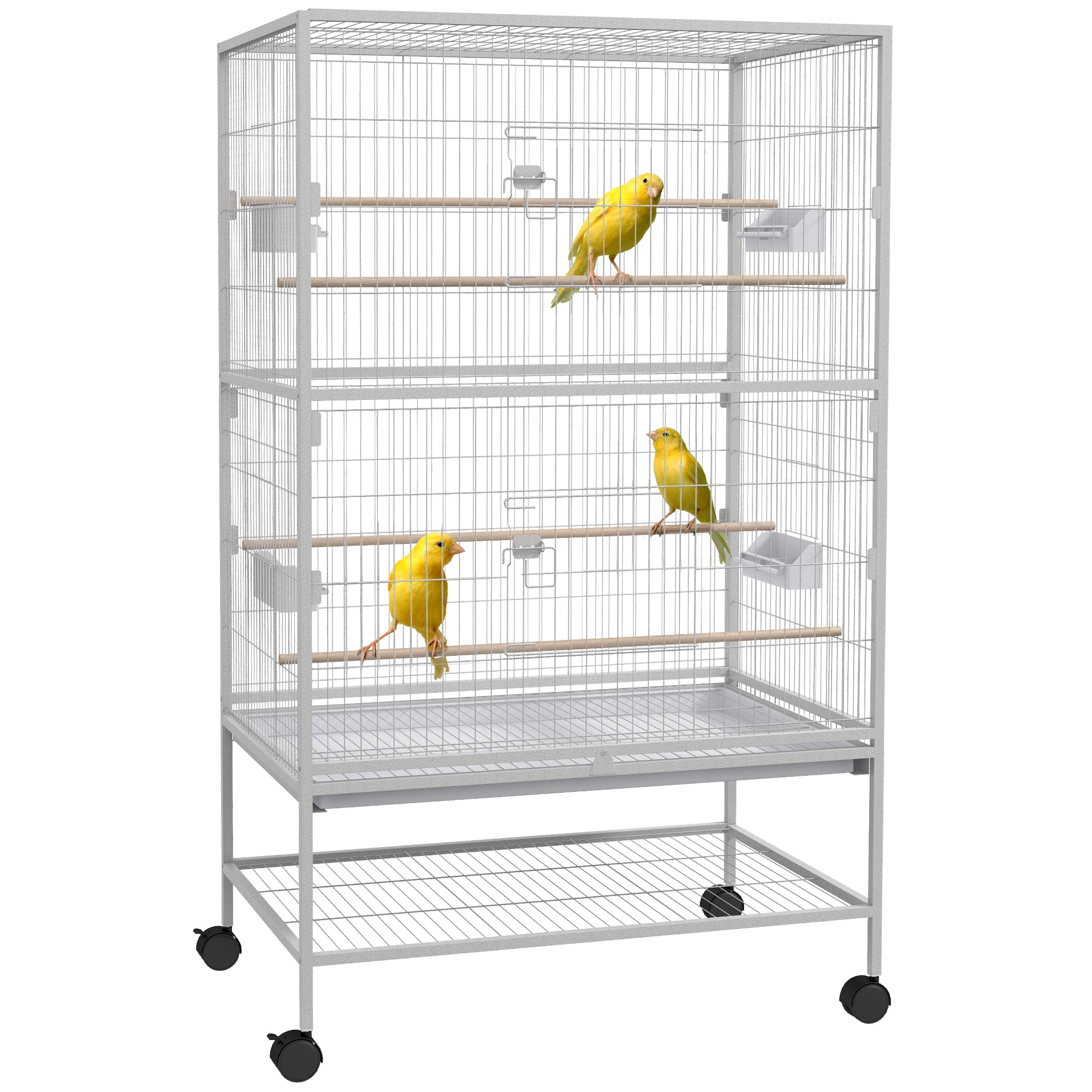 52" Large Rolling Steel Bird Cage Bird House with Rolling Stand, Storage Shelf, Wood Perch, Food Container, Grey