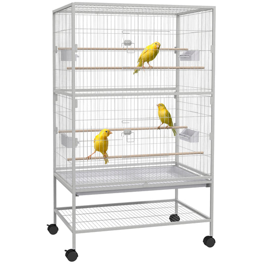 52" Large Rolling Steel Bird Cage Bird House with Rolling Stand, Storage Shelf, Wood Perch, Food Container, Grey