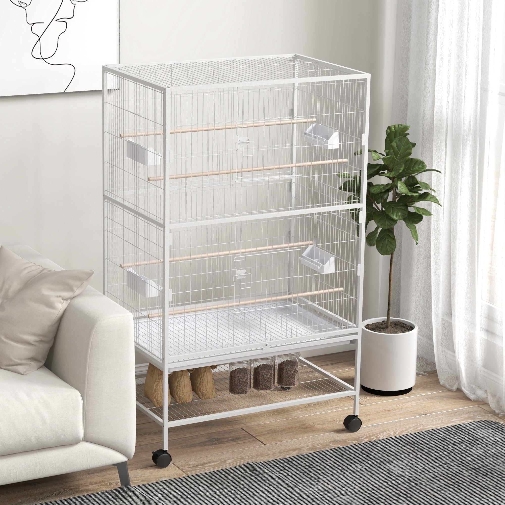 52" Large Rolling Steel Bird Cage Bird House with Rolling Stand, Storage Shelf, Wood Perch, Food Container, Grey