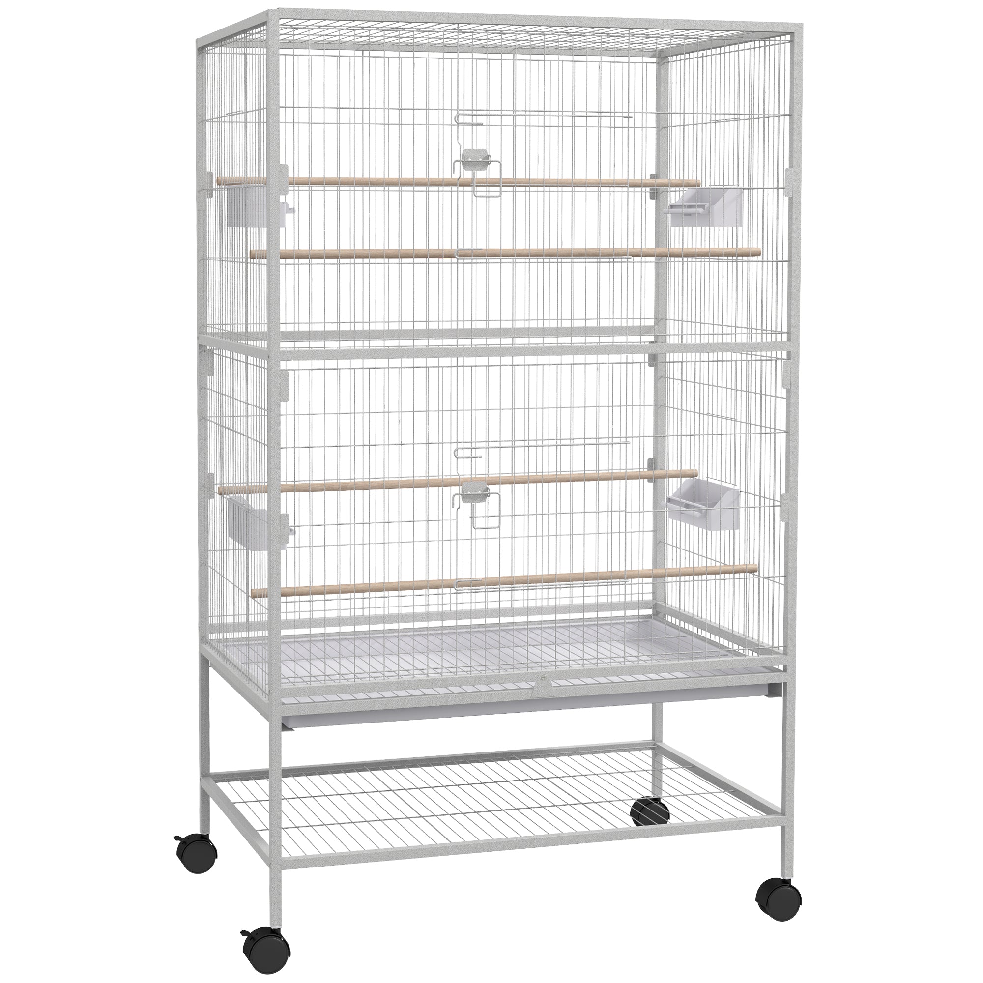 52" Large Rolling Steel Bird Cage Bird House with Rolling Stand, Storage Shelf, Wood Perch, Food Container, Grey