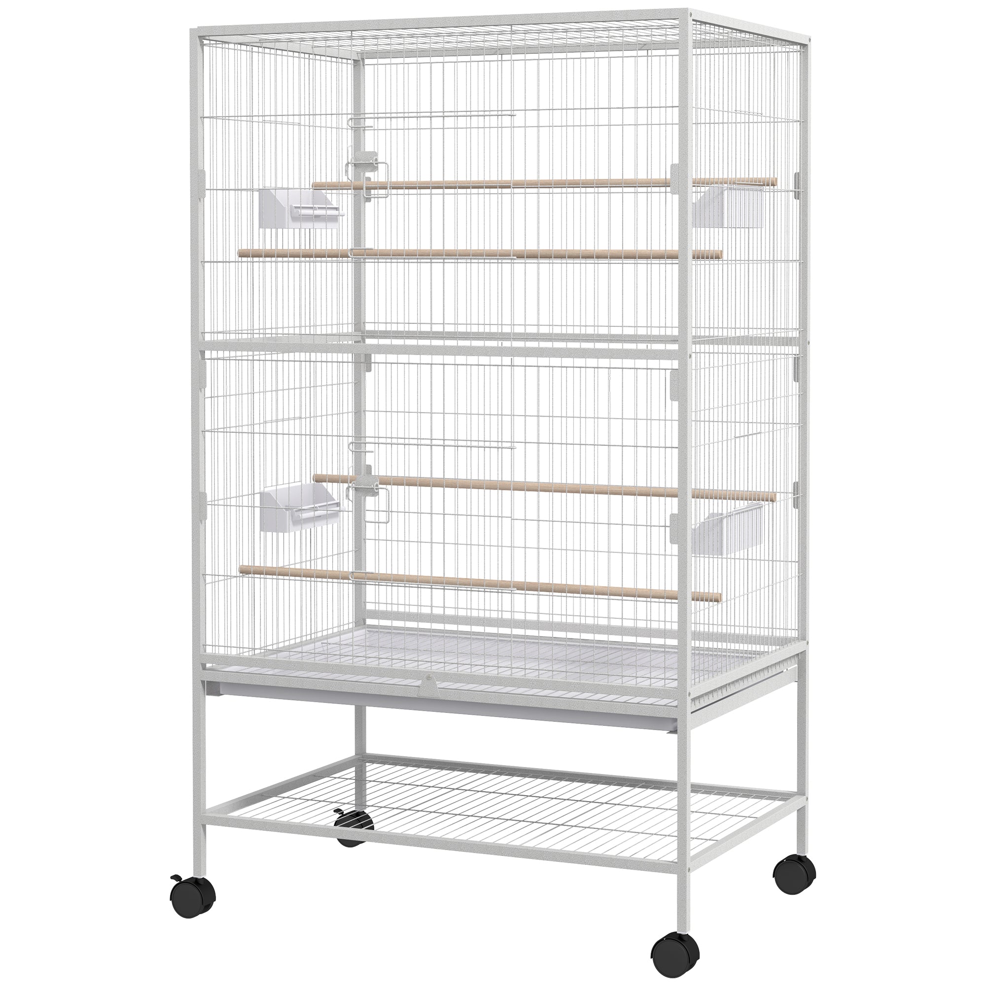 52" Large Rolling Steel Bird Cage Bird House with Rolling Stand, Storage Shelf, Wood Perch, Food Container, Grey