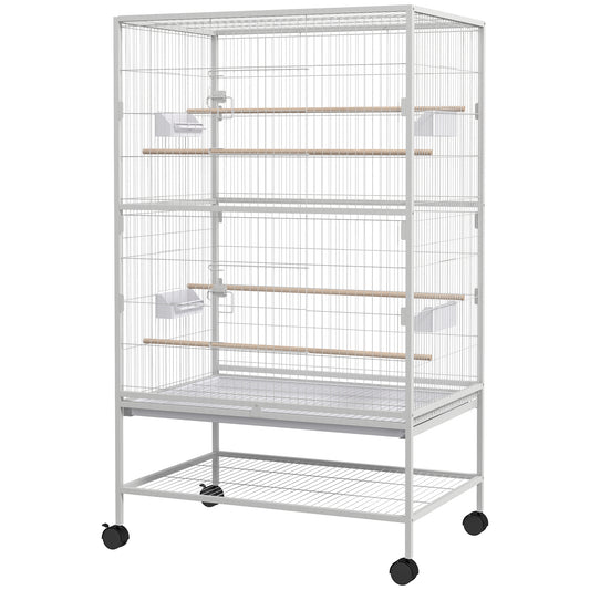 52" Large Rolling Steel Bird Cage Bird House with Rolling Stand, Storage Shelf, Wood Perch, Food Container, Grey
