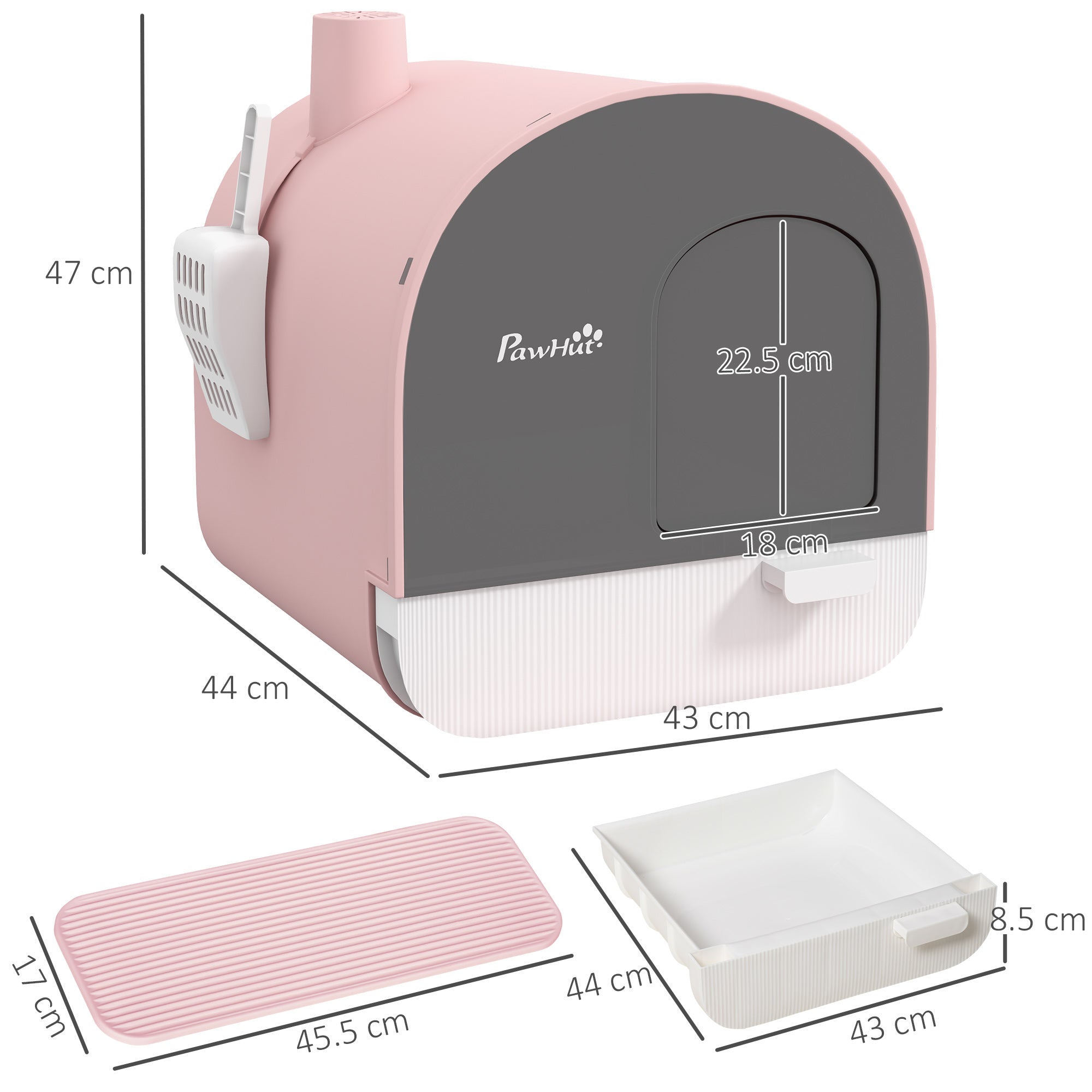 Cat Litter Box Kitten Litter Tray w/ Hood, Scoop, Filter, Flap Door, 43 x 44 x 47cm - Pink