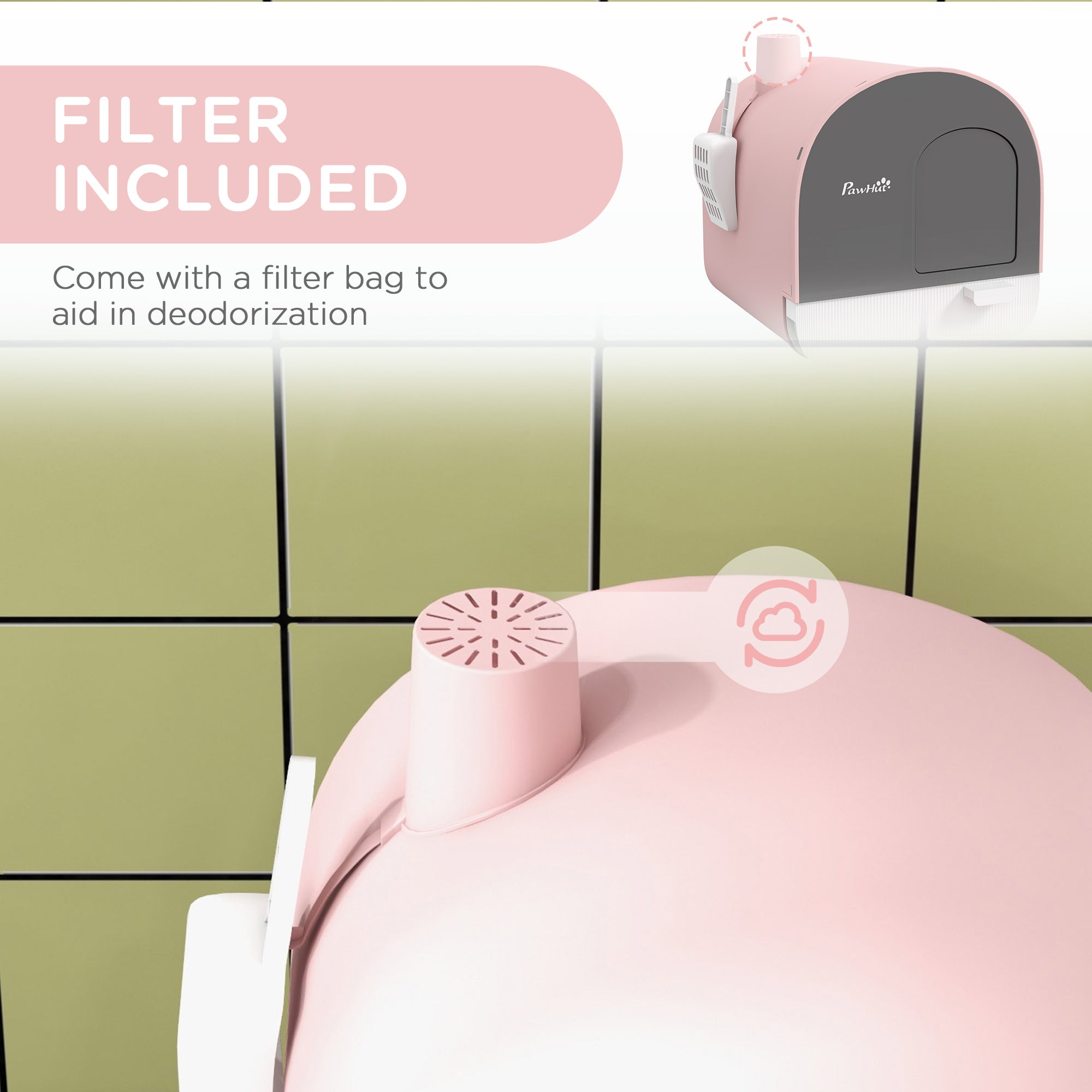 PawHut Cat Litter Box with Lid, Covered Litter Box for Indoor Cats with Tray, Scoop, Filter, 17" x 17" x 18. 5" , Pink