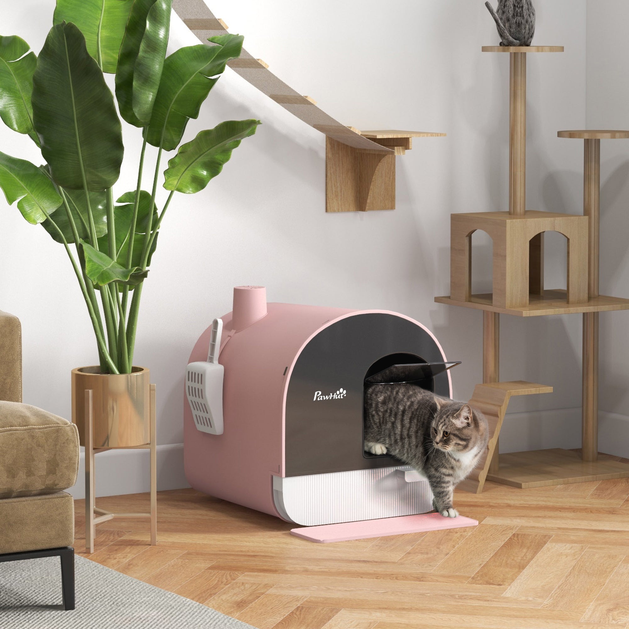 PawHut Cat Litter Box with Lid, Covered Litter Box for Indoor Cats with Tray, Scoop, Filter, 17" x 17" x 18. 5" , Pink