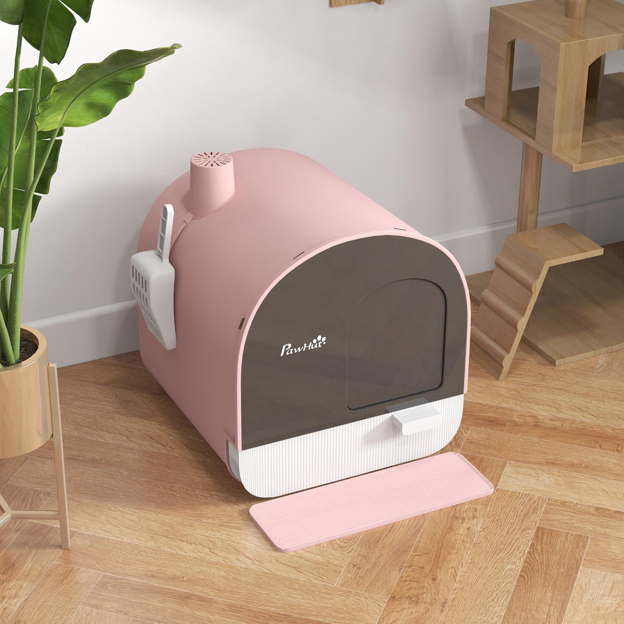 PawHut Cat Litter Box with Lid, Covered Litter Box for Indoor Cats with Tray, Scoop, Filter, 17" x 17" x 18. 5" , Pink
