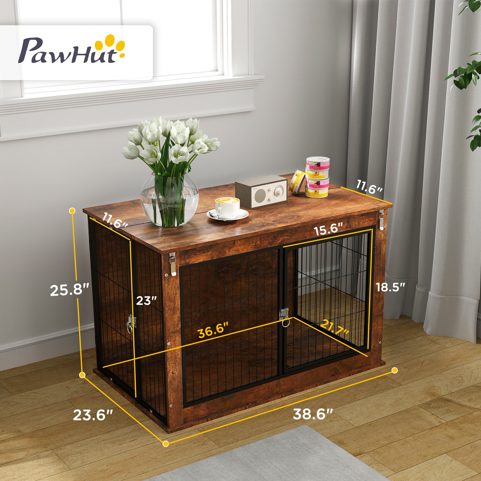 PawHut Dog Crate Furniture with Flip-up Top Opening, 39" Dog Kennel Furniture with 2 Doors, Decorative Dog Cage Side End Table for Large Dogs, Rustic Brown