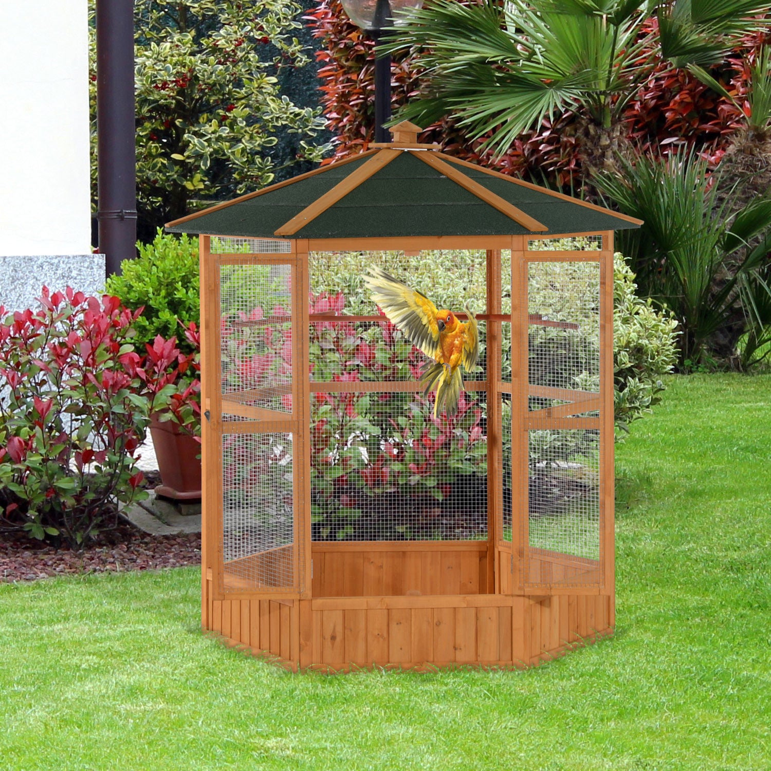 PawHut 69" Large Wooden Hexagonal Outdoor Aviary Flight Bird Cage With Covered Roof, Brown