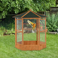 Load image into Gallery viewer, PawHut 69" Large Wooden Hexagonal Outdoor Aviary Flight Bird Cage With Covered Roof, Brown