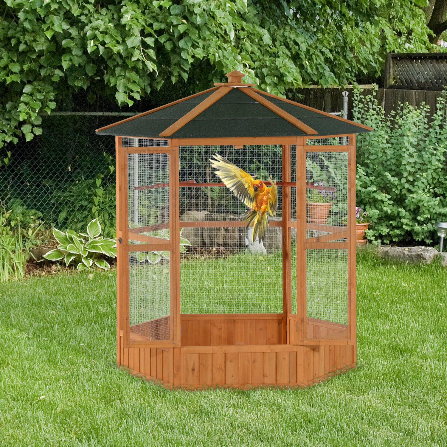 PawHut 69" Large Wooden Hexagonal Outdoor Aviary Flight Bird Cage With Covered Roof, Brown