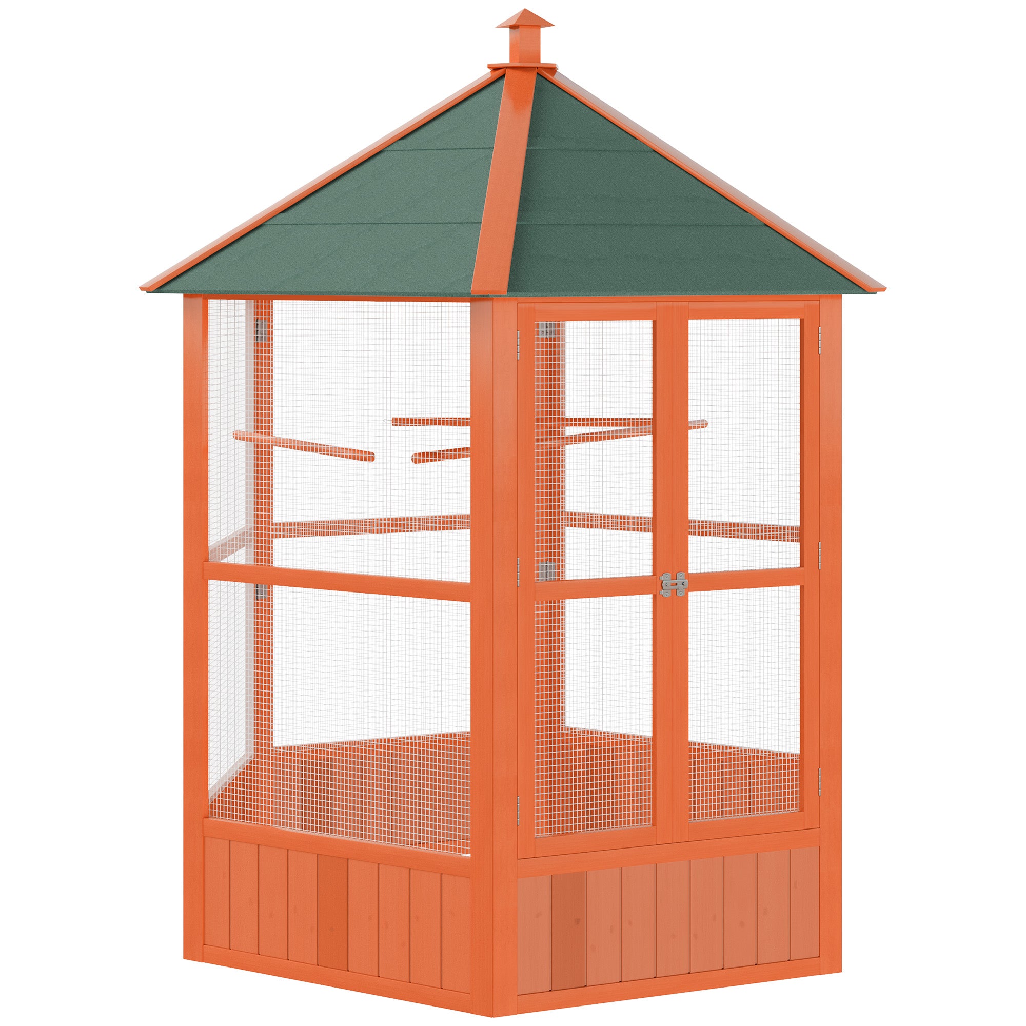 PawHut 69" Large Wooden Hexagonal Outdoor Aviary Flight Bird Cage With Covered Roof, Brown