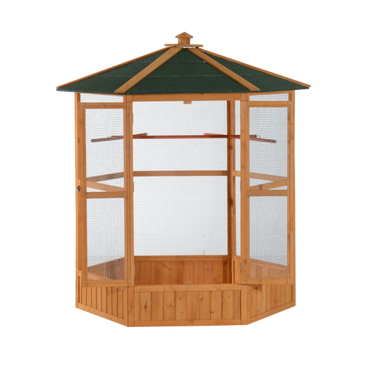 PawHut 69" Large Wooden Hexagonal Outdoor Aviary Flight Bird Cage With Covered Roof, Brown