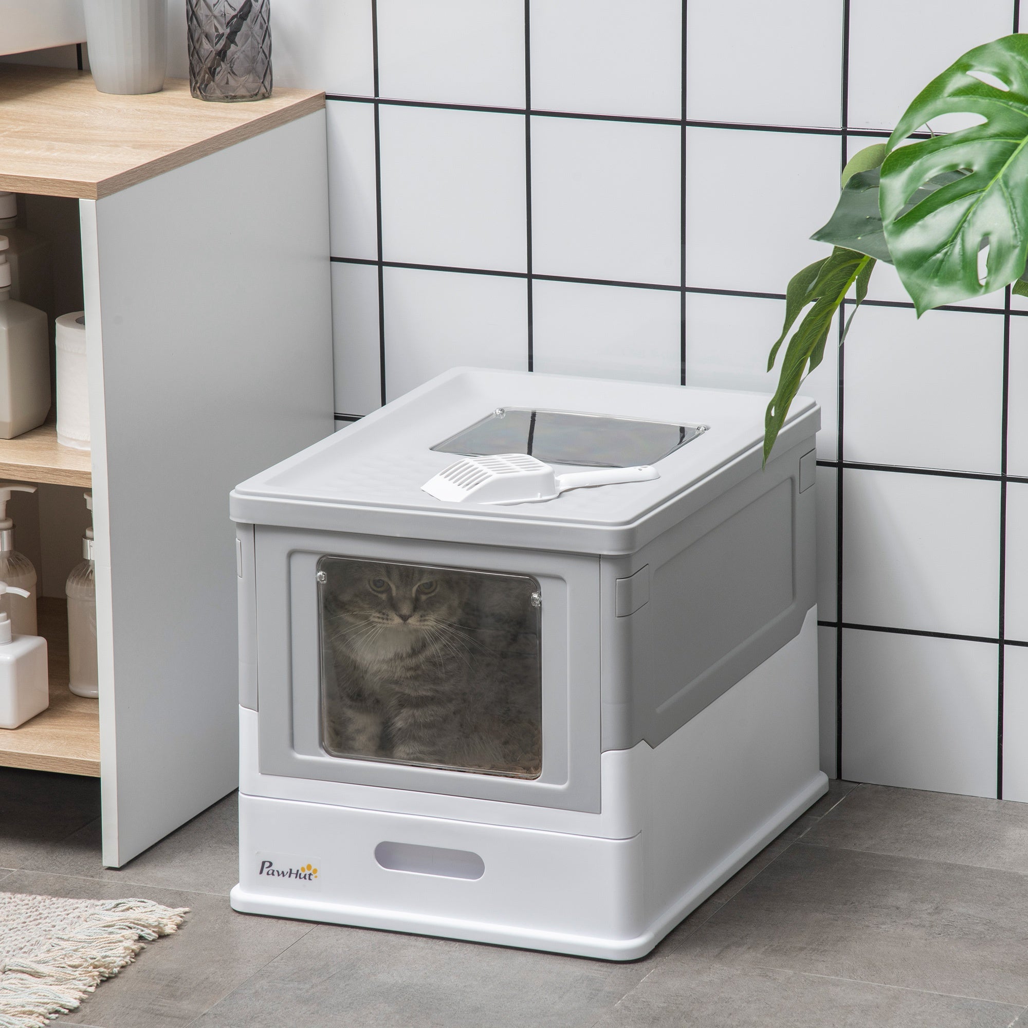 PawHut Fully Enclosed Cat Litter Box with Scoop, Hooded Cat Litter House with Drawer Type Tray, Foldable Smell Proof Cat Potty with Front Entry, Top Exit, Portable Pet Toilet with Large Space, Gray