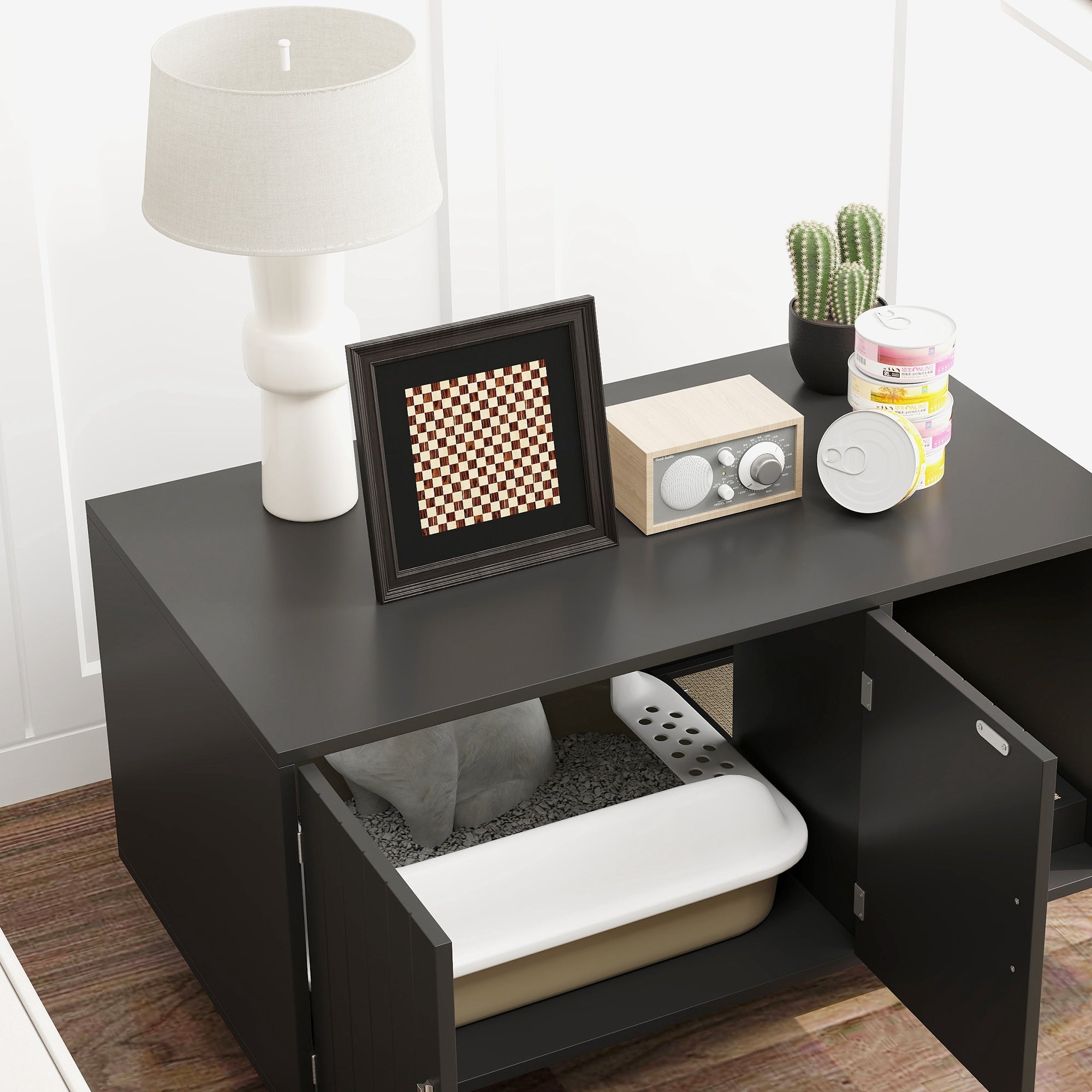 Cat Litter Box Enclosure, Hidden Litter Box Furniture, Cat House End Table Washroom with Scratching Pad, for Indoor Cats Kittens, Black