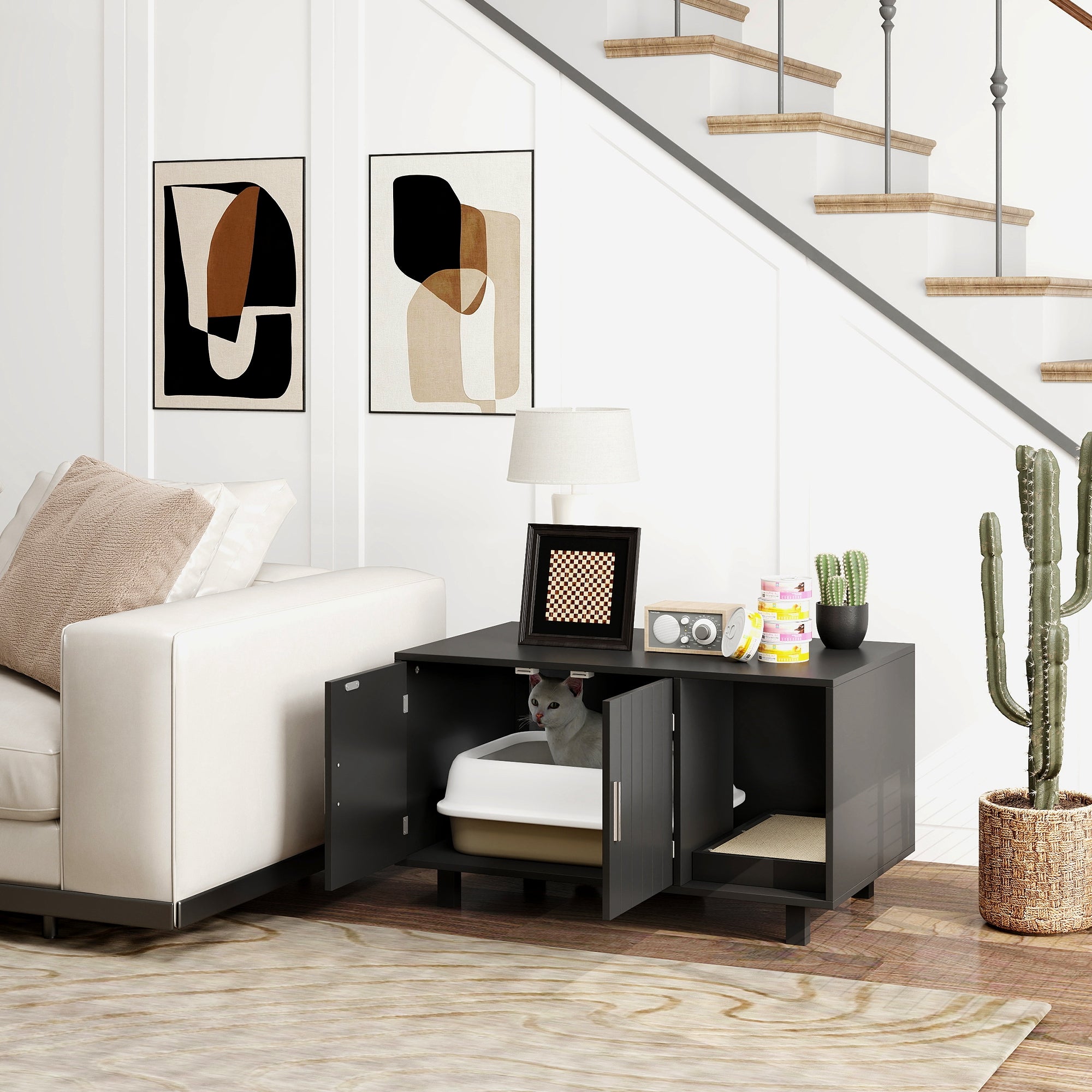 Cat Litter Box Enclosure, Hidden Litter Box Furniture, Cat House End Table Washroom with Scratching Pad, for Indoor Cats Kittens, Black