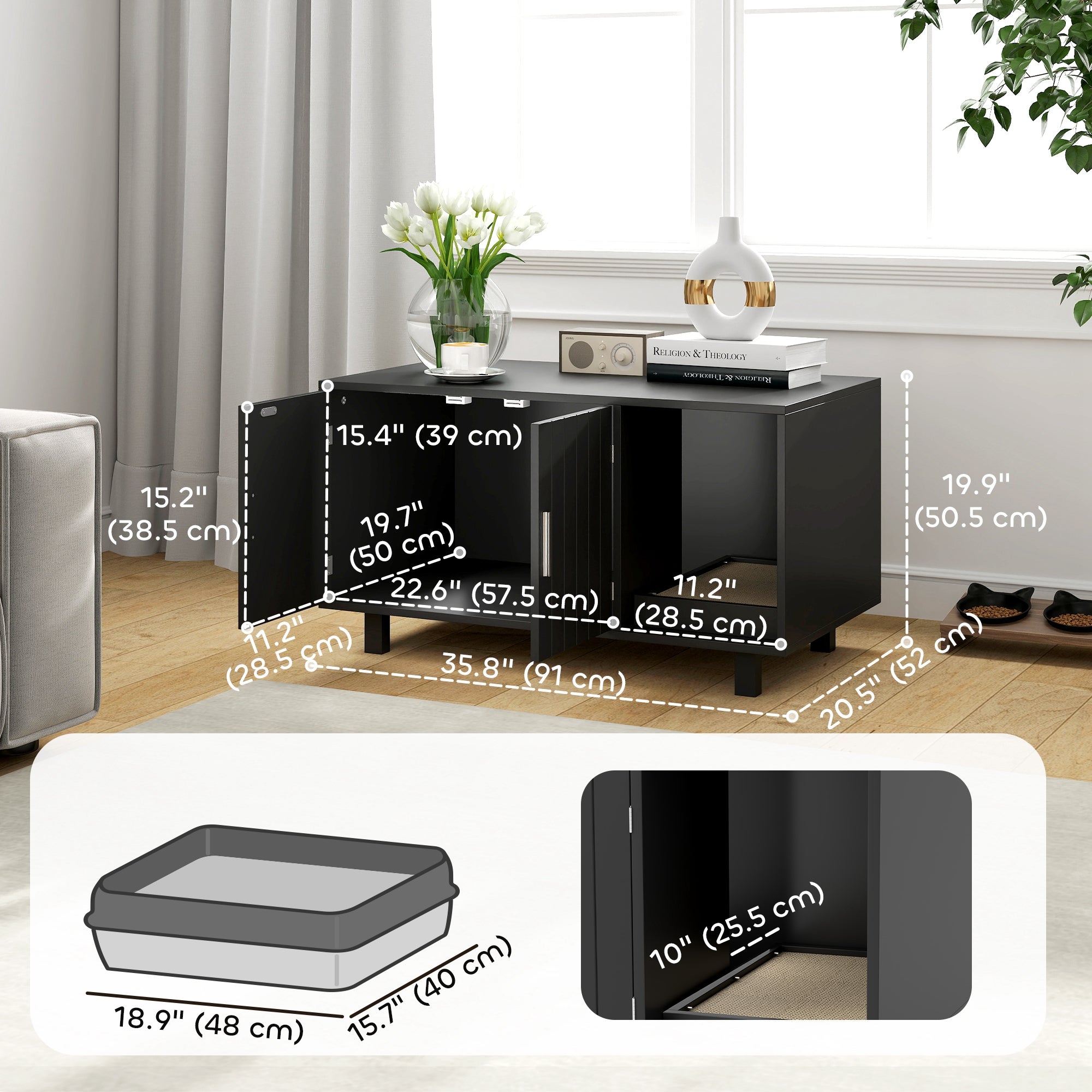 Cat Litter Box Enclosure, Hidden Litter Box Furniture, Cat House End Table Washroom with Scratching Pad, for Indoor Cats Kittens, Black