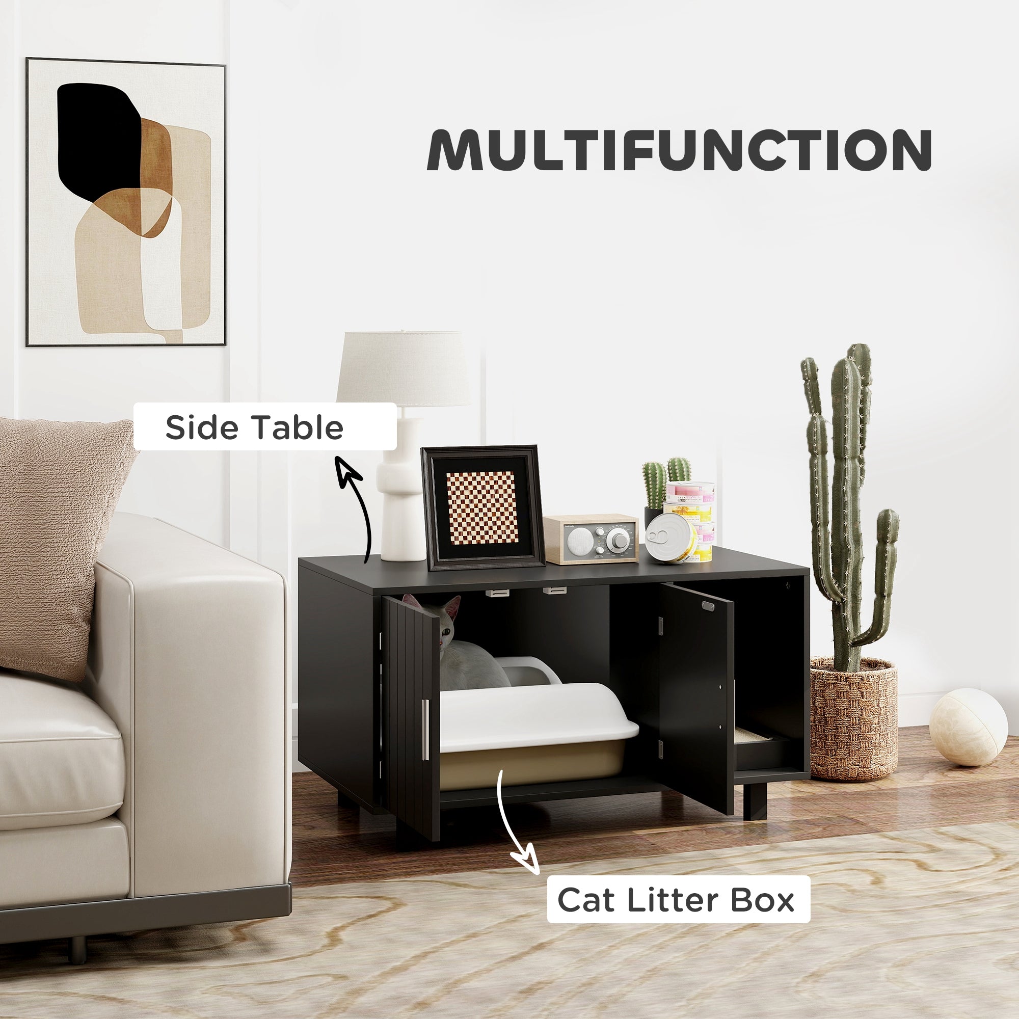 Cat Litter Box Enclosure, Hidden Litter Box Furniture, Cat House End Table Washroom with Scratching Pad, for Indoor Cats Kittens, Black