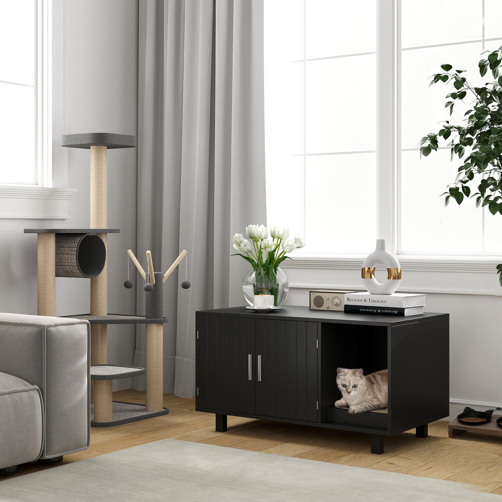 Cat Litter Box Enclosure, Hidden Litter Box Furniture, Cat House End Table Washroom with Scratching Pad, for Indoor Cats Kittens, Black