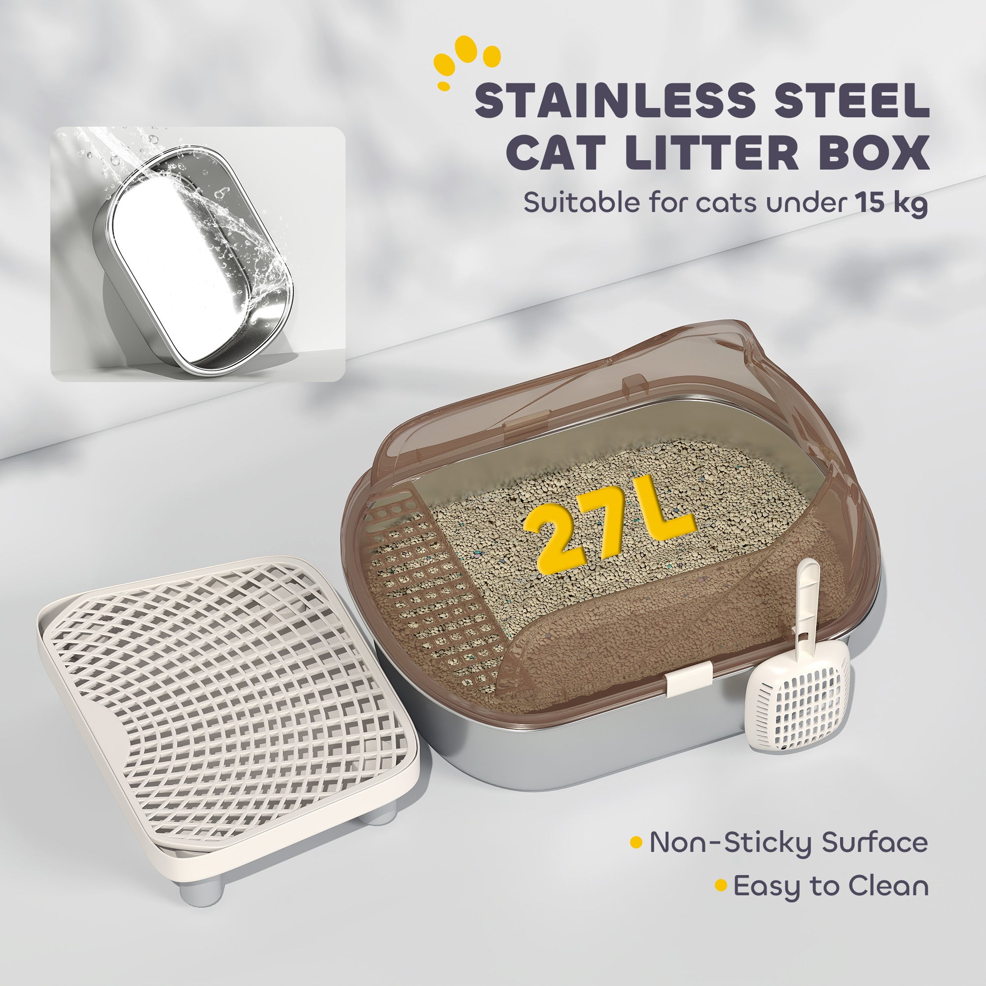 Stainless Steel Litter Box with Lid, Metal Cat Litter Tray for Big Cats with High Wall Sided Enclosure, Pedal, Scoop, Non-Sticky, Anti-Leakage, Easy Cleaning