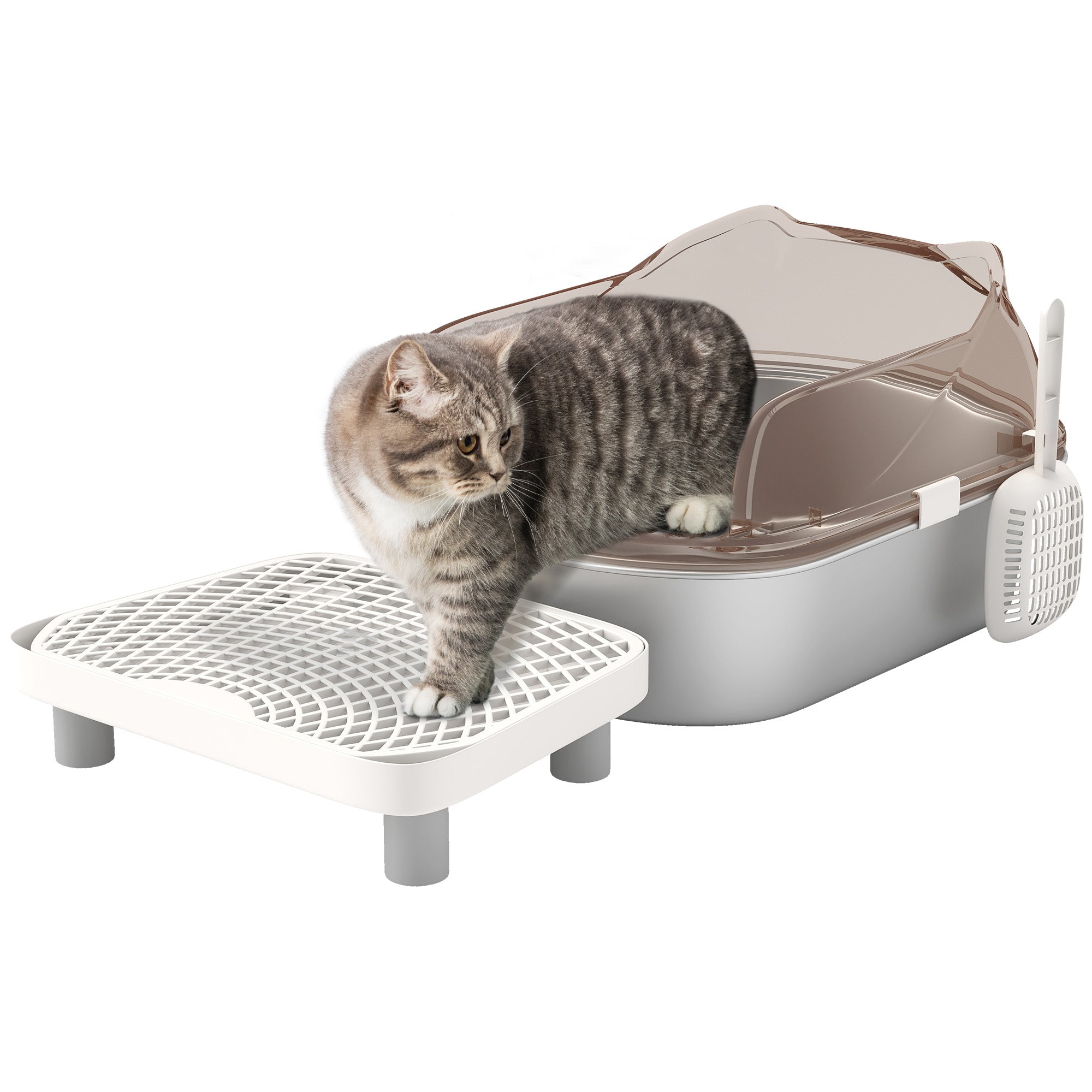 Stainless Steel Litter Box with Lid, Metal Cat Litter Tray for Big Cats with High Wall Sided Enclosure, Pedal, Scoop, Non-Sticky, Anti-Leakage, Easy Cleaning