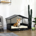 Load image into Gallery viewer, PawHut Wicker Dog House Outdoor with Canopy, Rattan Dog Bed with Water-resistant Cushion, Raised Dog Bed for Small, Medium Dogs up to 66 lbs, 19.75" in Length, Black Wicker, White Cushion