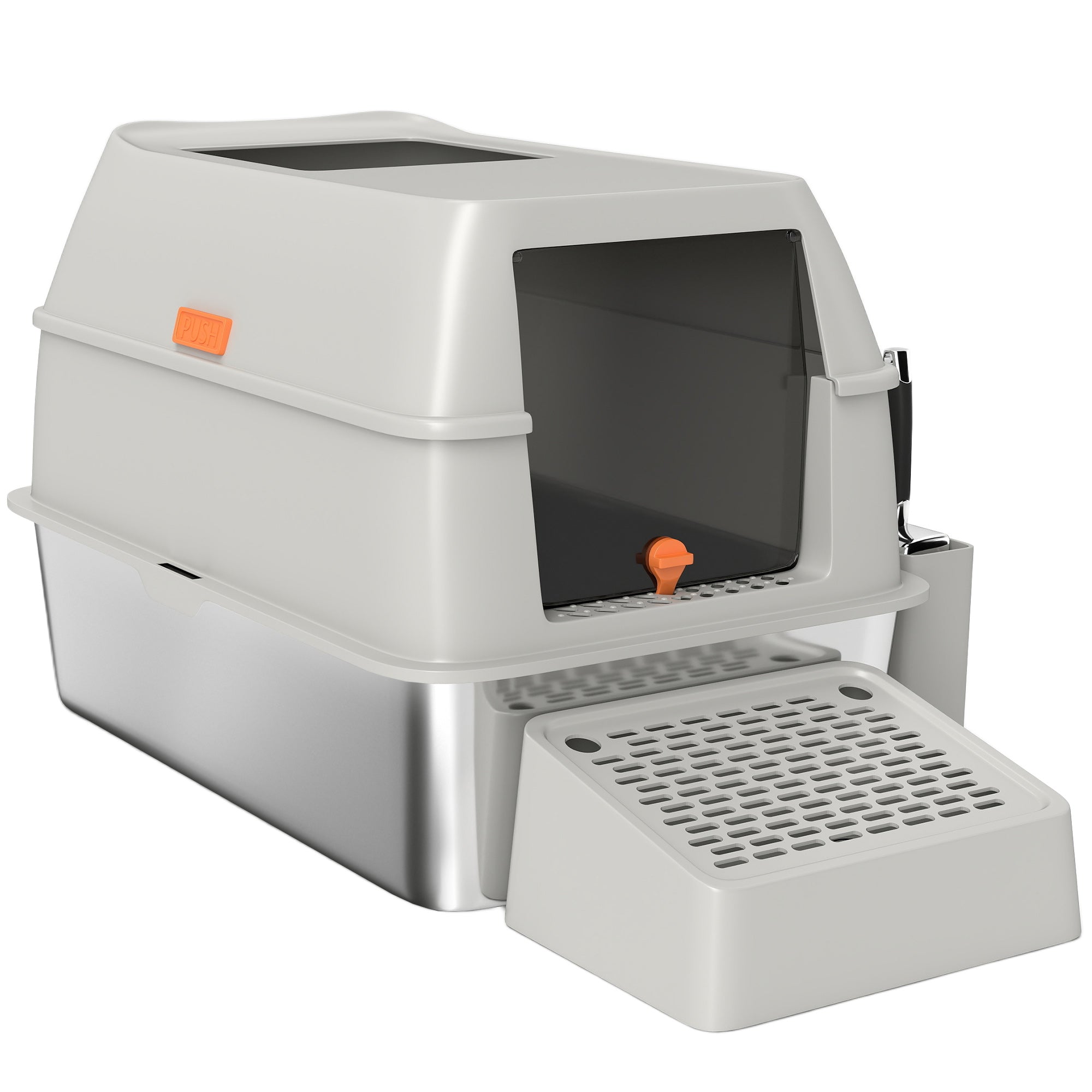 Stainless Steel Cat Litter Box with Lid, Metal Litter Pan Tray with High Sided, Scoop, 34.5L, Easy Clean, Non-Sticky & Anti-Leakage, Light Grey
