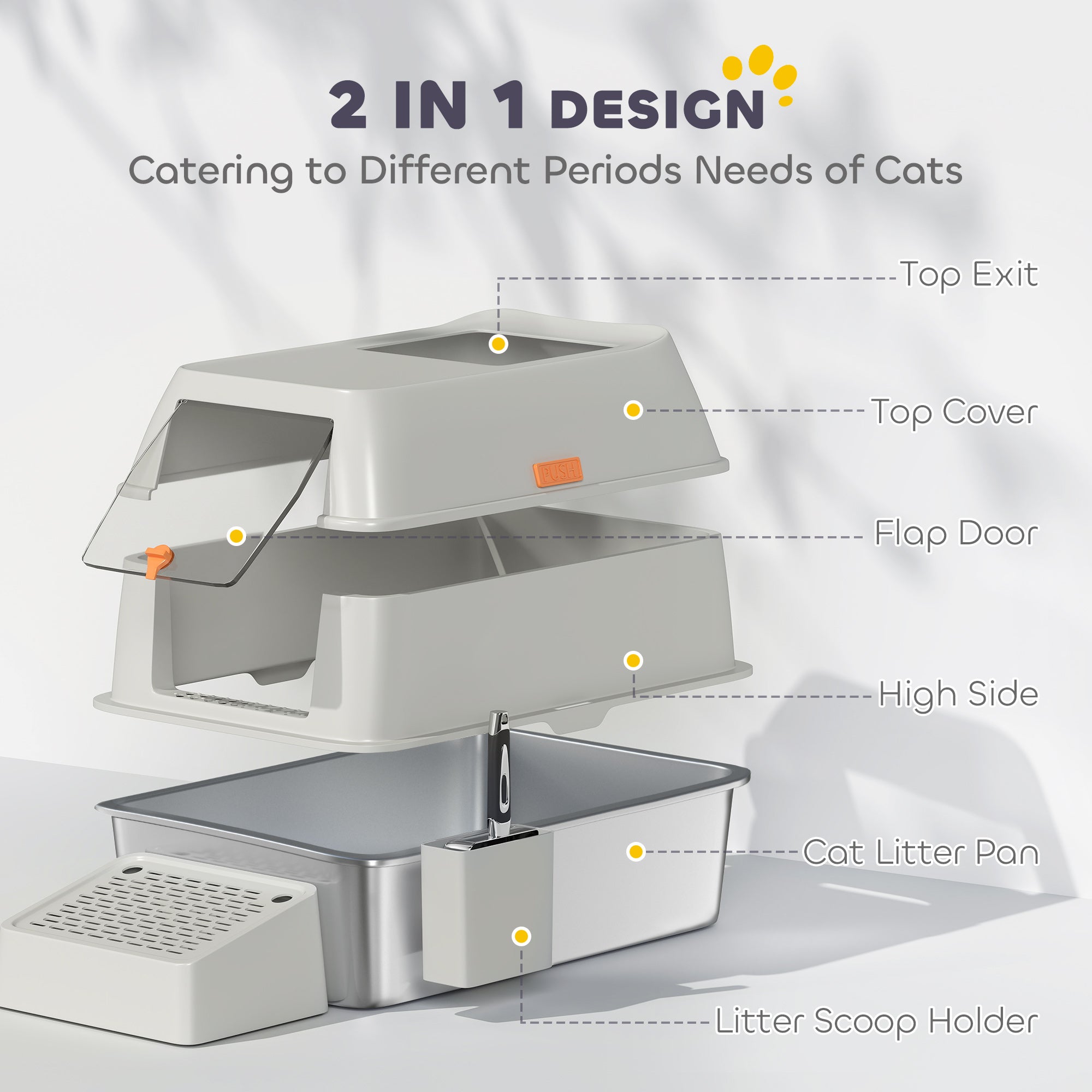 Stainless Steel Cat Litter Box with Lid, Metal Litter Pan Tray with High Sided, Scoop, 34.5L, Easy Clean, Non-Sticky & Anti-Leakage, Light Grey