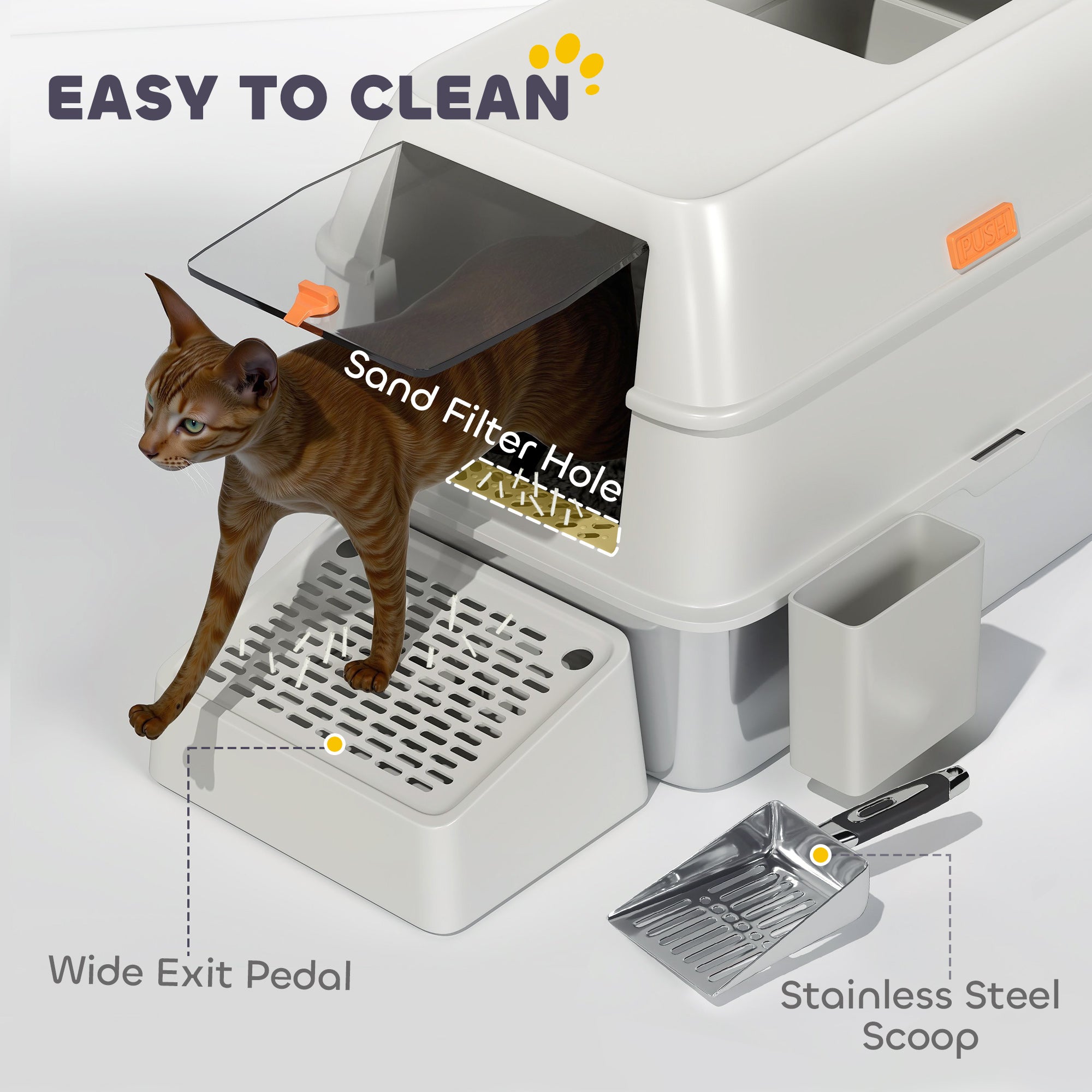 Stainless Steel Cat Litter Box with Lid, Metal Litter Pan Tray with High Sided, Scoop, 34.5L, Easy Clean, Non-Sticky & Anti-Leakage, Light Grey